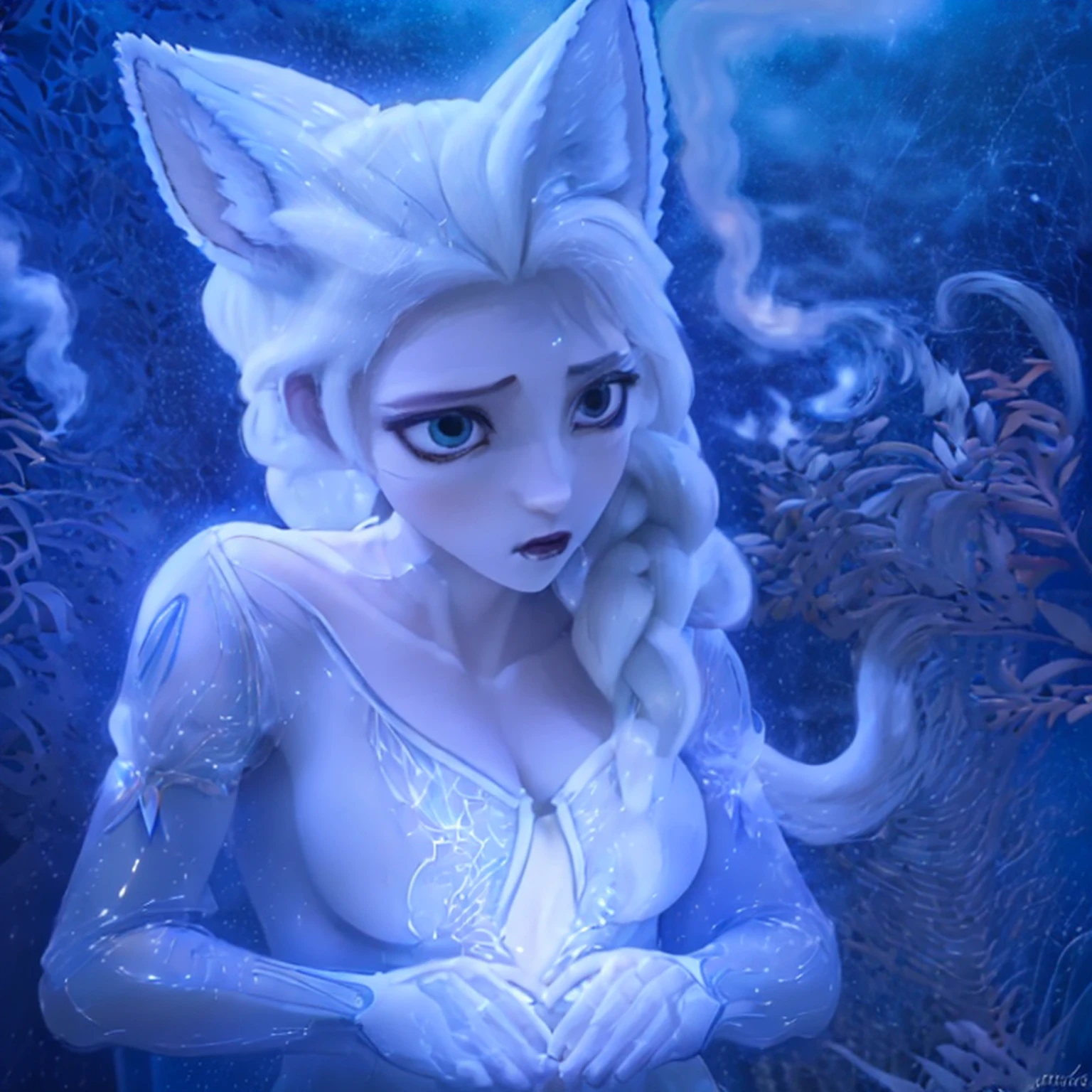 (Next to the anime girl with white-skinned fox ears before the full moon is a huge nine-tailed white fox:1.5), fantasia raposa amor, Raposa de cabelos brancos, anime raposa branca, anime fantasy illustration,(Fundo escuro da floresta,blue transparent smoke around:1.8), Arte de Silverfox,melhor qualidade, master part, ultrahigh-resolution, (fotografia realista:1.4), realismo ultrarrealista, Semelhante a um sonho,FusionArt, Shadow dancer, magia das sombras, darkeness, furtividade, passo da sombra, Umbral spells,