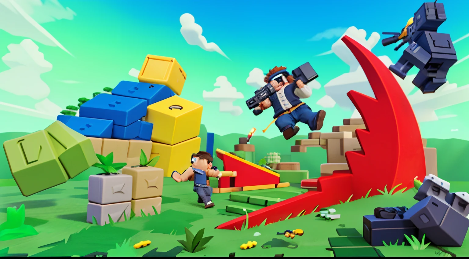 There are two people playing with guns and blocks, Blocky, Sharp and blocky shape, Brock Tober, pc screenshot, intense battles, 3 d game, virtual reality game, blocky shape, Intense combat, side scroller game, action scene screenshot, 2 d game, 3d game art, videogame still, 3d game art, brutal fight