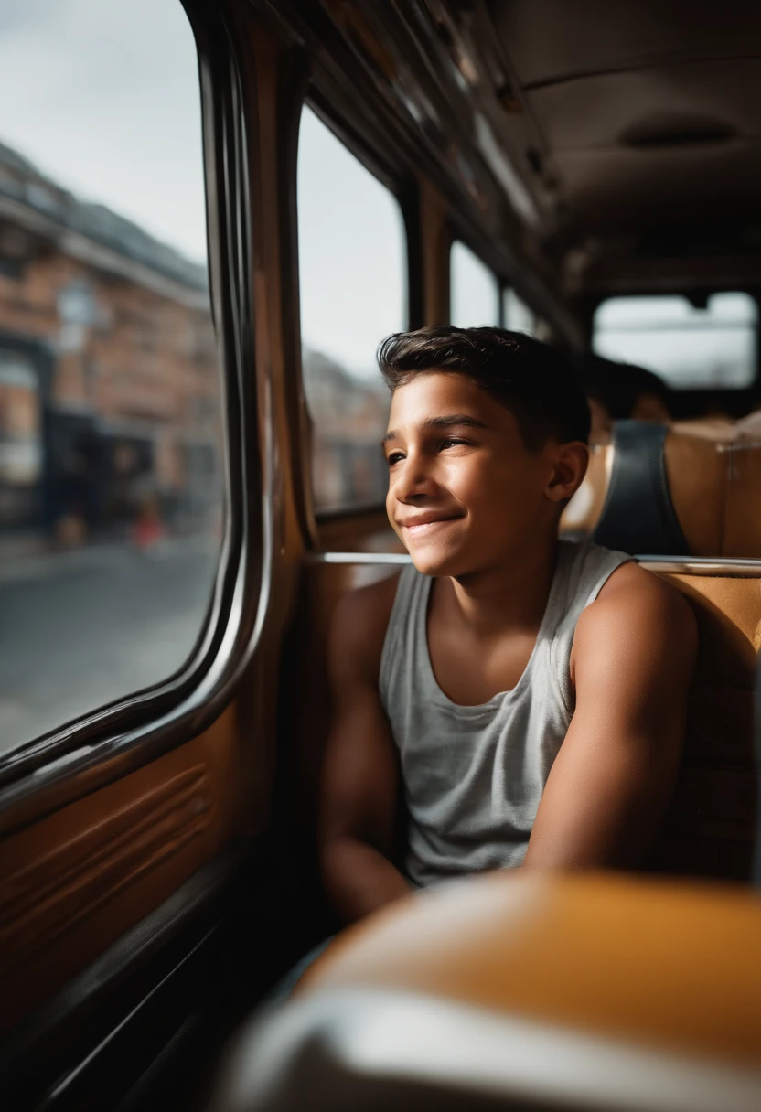 Leandro tightly embraces his parents, his face displaying a blend of emotions including happiness and sorrow. While his parents are filled with pride, a hint of concern lingers in their expressions as they bid him farewell. Leandro positions himself near the front of the crowded bus, gazing out of the window with a mix of anticipation and uncertainty for the upcoming journey. The scene is portrayed in a hyper-realistic style using the Unreal Engine, achieving a 16:9 aspect ratio. The overall atmosphere resembles a photograph captured in real life.
