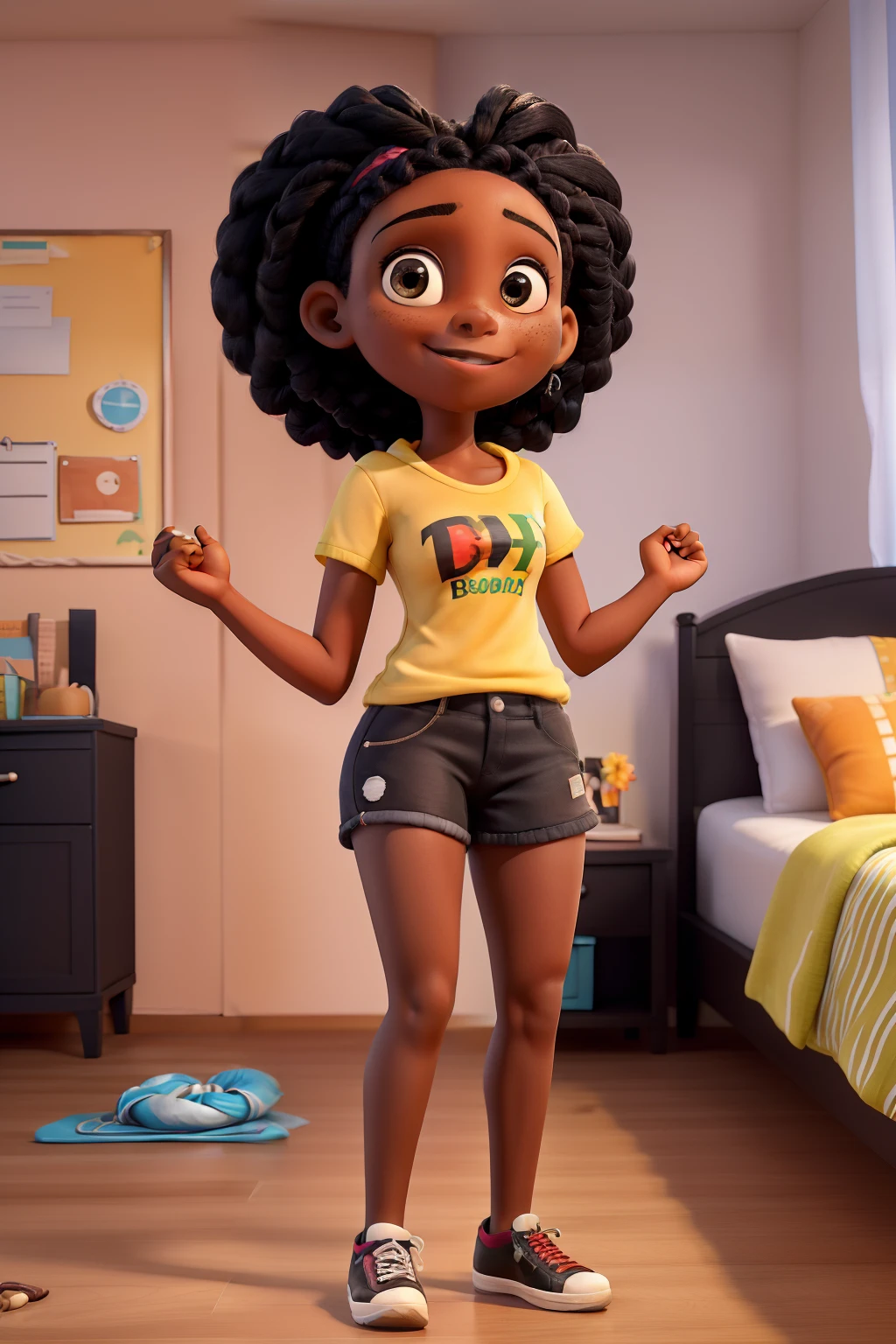 uma jovem negra com cerca de 22 anos. Hair braided with hands up bouncing happy to have achieved something.  The background is her very simple room. She is a black-skinned Brazilian teenager. usa pulseira. roupa casual. is Brazilian.