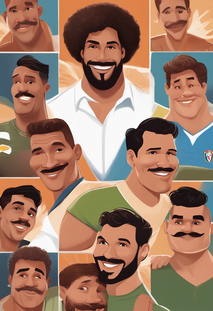Desenho Pixar homem sorridente com barba e bigode sentado em frente a uma parede, icaro carvalho, caio santos, david rios ferreira, sorrindo e olhando diretamente, 2 7 anos, 3 2 anos, 2 8 anos, 2 9 anos, Carmelo Blandino, he's smiling, (38 anos), Ronaldo Nazario