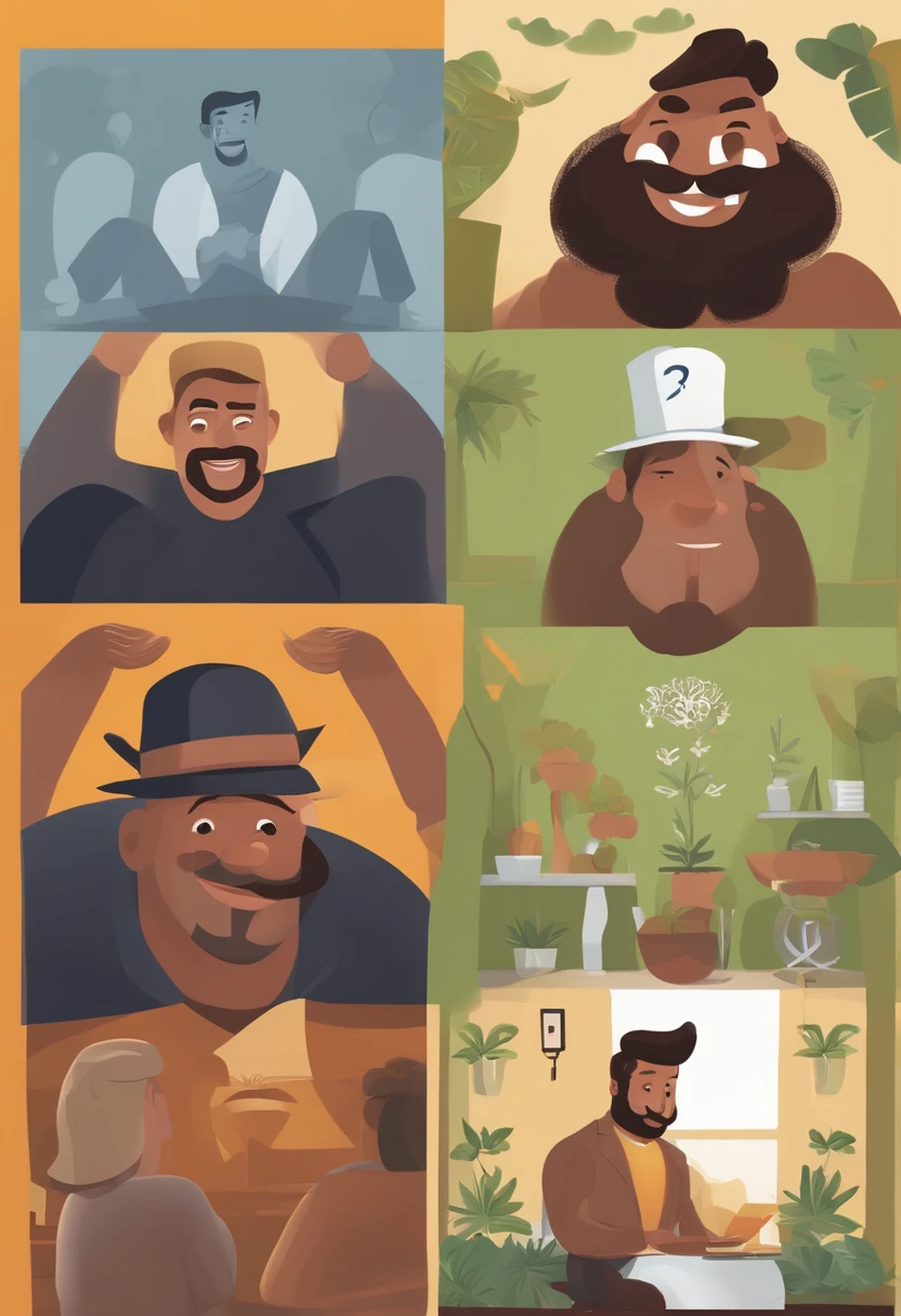 Desenho Pixar homem sorridente com barba e bigode sentado em frente a uma parede, icaro carvalho, caio santos, david rios ferreira, sorrindo e olhando diretamente, 2 7 anos, 3 2 anos, 2 8 anos, 2 9 anos, Carmelo Blandino, he's smiling, (38 anos), Ronaldo Nazario