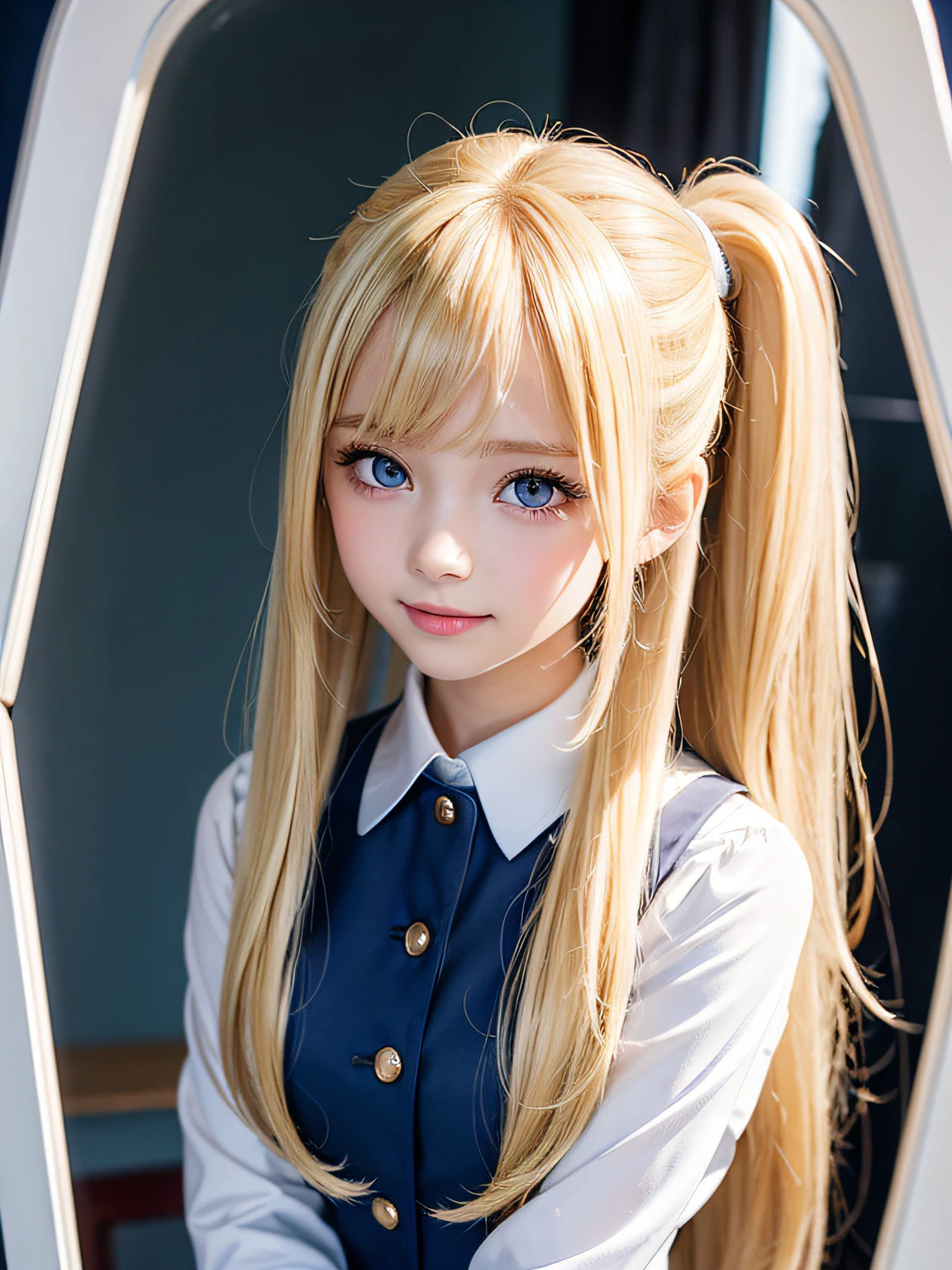 portlate、School Uniforms、bright expression、poneyTail、Young shiny shiny white shiny skin、Best Looks、Blonde reflected light、Blonde hair with dazzling highlights、shiny light hair,、Super long silky straight hair、Beautiful bangs that shine、Glowing crystal clear attractive big blue eyes、Very beautiful nice cute 16 year old girl、Lush bust