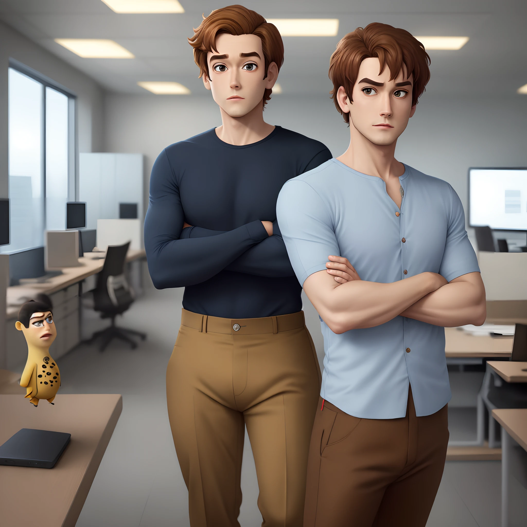 estilo Pixar. Homen de cabelo claro, loiro de olhos azuis, in office, folded arms. Com camisa preta, and brown pants.