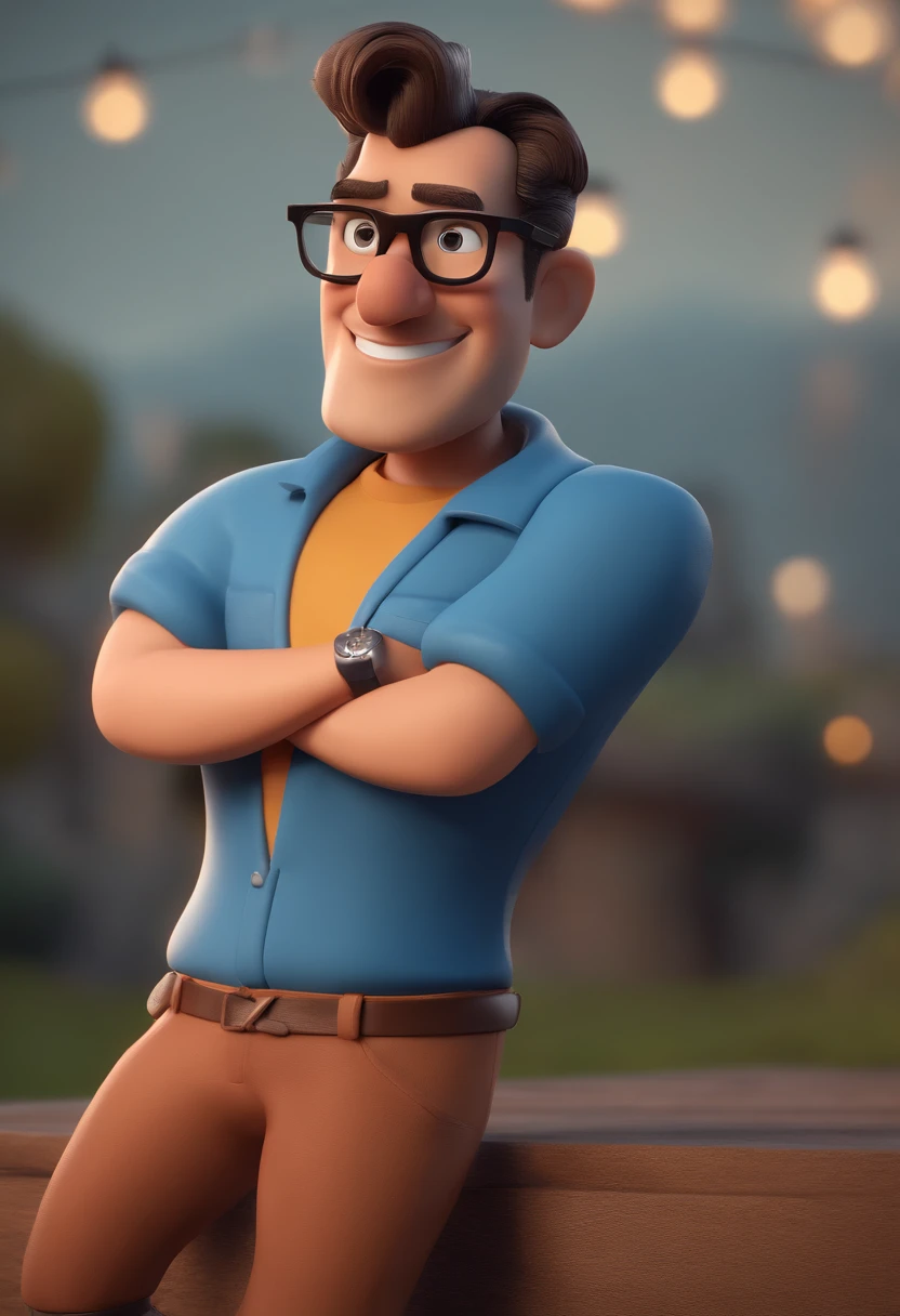 Cartoon character of a man with black glasses and a blue shirt, animation character, Caractere estilizado, animation style rendering, 3D estilizado, Arnold Maya render, 3 d render stylized, toon render keyshot, Personagem 3D, Personagem 3D, 3d rendering stylized, 3 d character render, personagem de desenho animado, Personagem de close up, Pose de personagem, (Estilo Pixar) (master part:1.2) (Bokeh) (best quality) (pele detalhada) (textura detalhada) (8k) (argila) (Cinematic lighting) (foco nítido