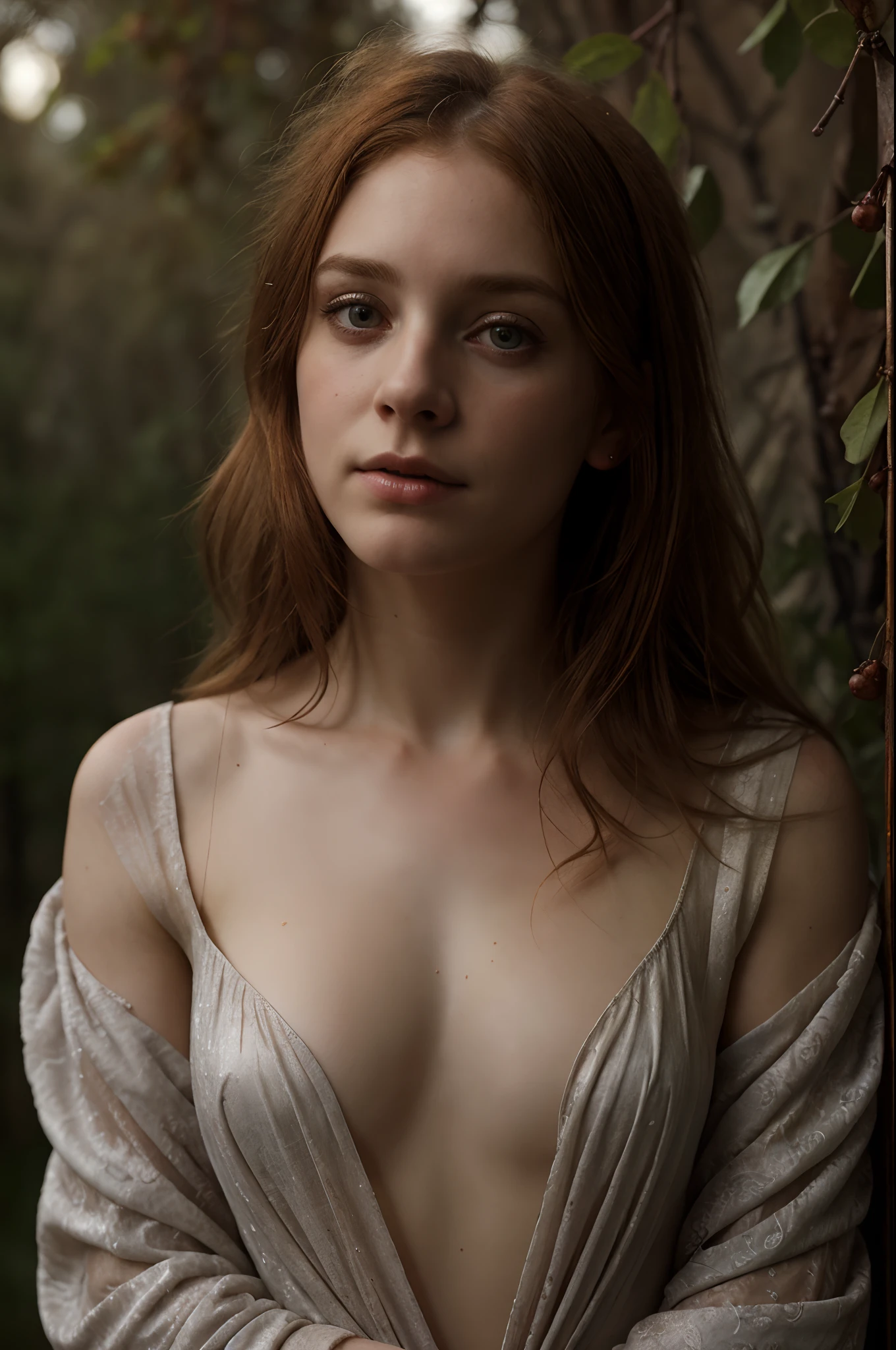 Full portrait, Realistic, Photorealistic, RAW photo, Highly detailed, cinematic rendering, Wild Dead Forest, evening, Cute 24-year-old woman, Leaning back in a tree and looking up at the grey cloudy sky, Redhead, Sexy, Dressed in a white tattered nightgown, Black leaves float in the air, Behold, the glittering particles flutter, Donamic composition, Dark light background, An atmosphere of melancholy and loneliness, surreal photo by Alphonse Mucha, detailed perfect face, Melancholic eyes, Brown hair color, Faded colors, cinematic  composition