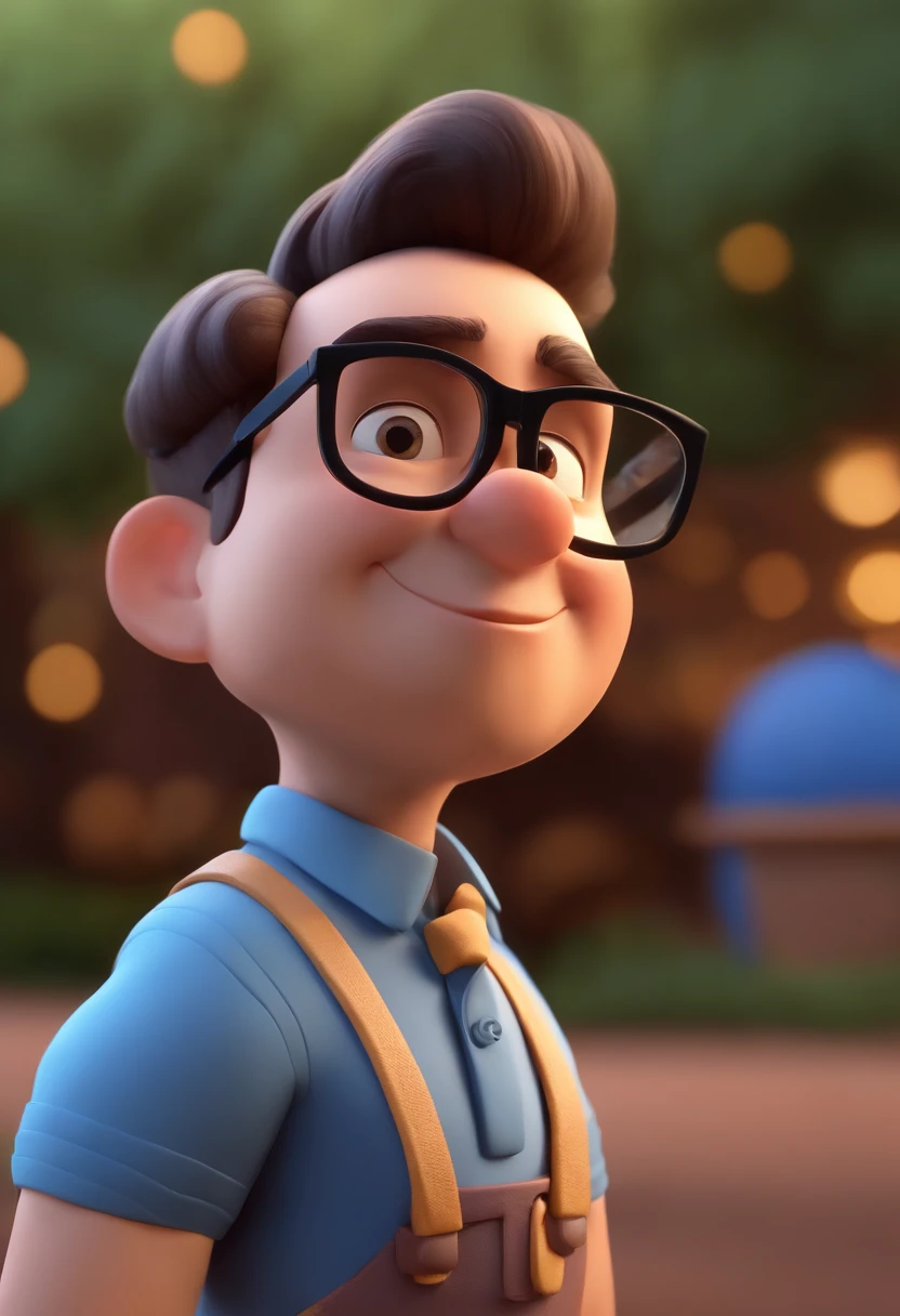Cartoon character of a man wearing black glasses and a blue shirt, um personagem animado, Caractere estilizado, animation style rendering, 3D estilizado, Arnold Maya render, 3 d render stylized, toon render keyshot, Personagem 3D, Personagem 3D, 3d rendering stylized, 3 d character render, personagem de desenho animado, Personagem de close up, Pose de personagem, (Estilo Pixar) (master part:1.2) (Bokeh) (best quality) (pele detalhada) (textura detalhada) (8k) (argila) (Cinematic lighting) (foco nítido，Senta e vaza a parte superior do corpo