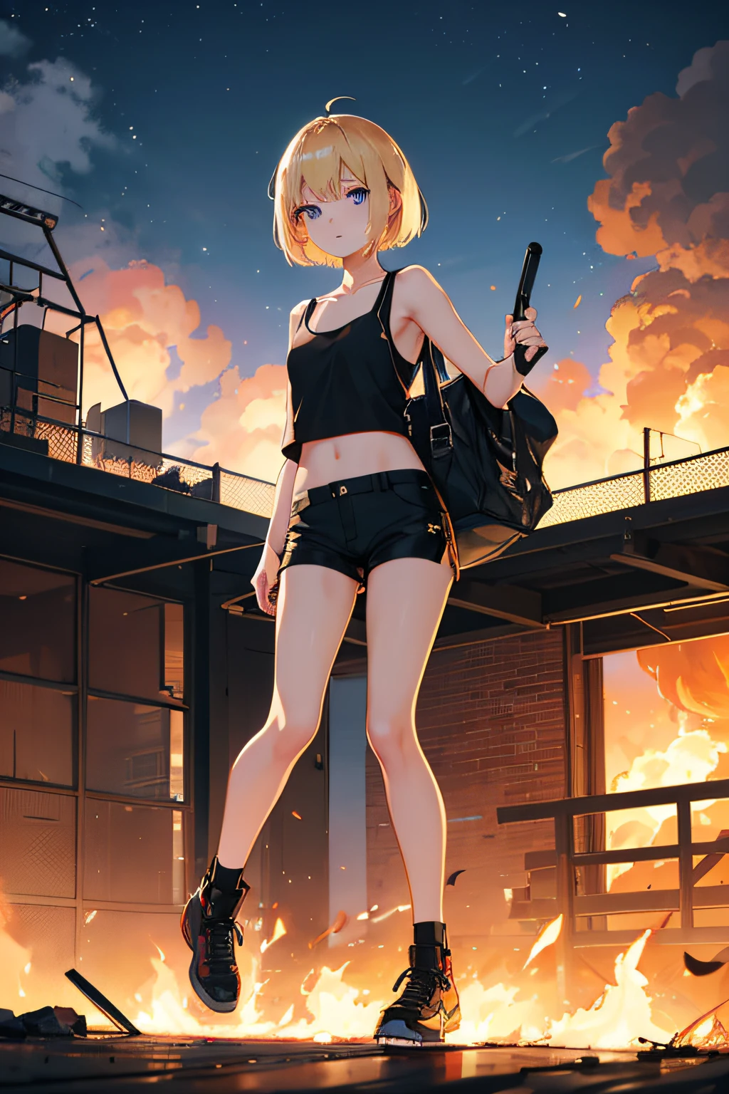 during night、Explosions and flames at an airbase、fence、Exploding buildings、cute blonde girl、cute face、elegant sleek smooth body、full body Esbian、Short bob hair、a blond、blue eyes、Black tank top、sexy black shorts、Wearing black shorts