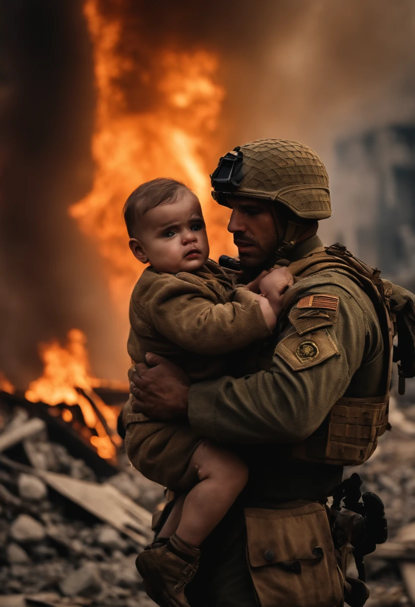 A soldier in war crying looking at the camera with tears in his eyes in his arms a sleeping baby, in the background the torn Israeli flag, City on fire and ruined bombed