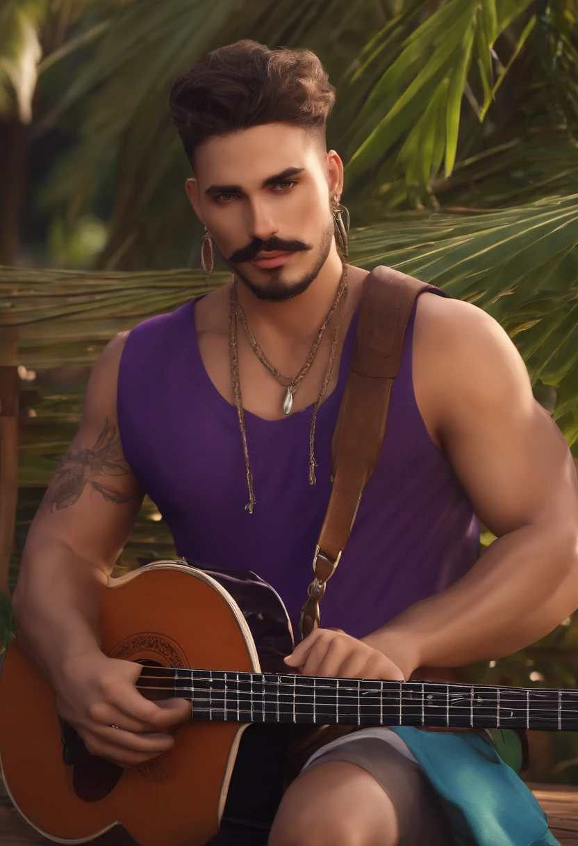 crie um banner no estilo Pixar. Of a brunette man with a face with fine features of mustache and goatee with dreadlocks hair tied up hoop earrings on the ears ring pircing on the nose in a purple tank top Bermuda shorts leather sandal on the feet holding a classical guitar with 7 strings.