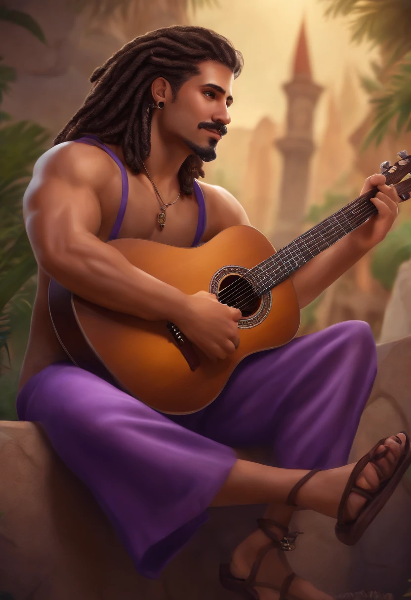 crie um banner no estilo Pixar. Of a brunette man with a face with fine features of mustache and goatee with dreadlocks hair tied up hoop earrings on the ears ring pircing on the nose in a purple tank top Bermuda shorts leather sandal on the feet holding a classical guitar with 7 strings.