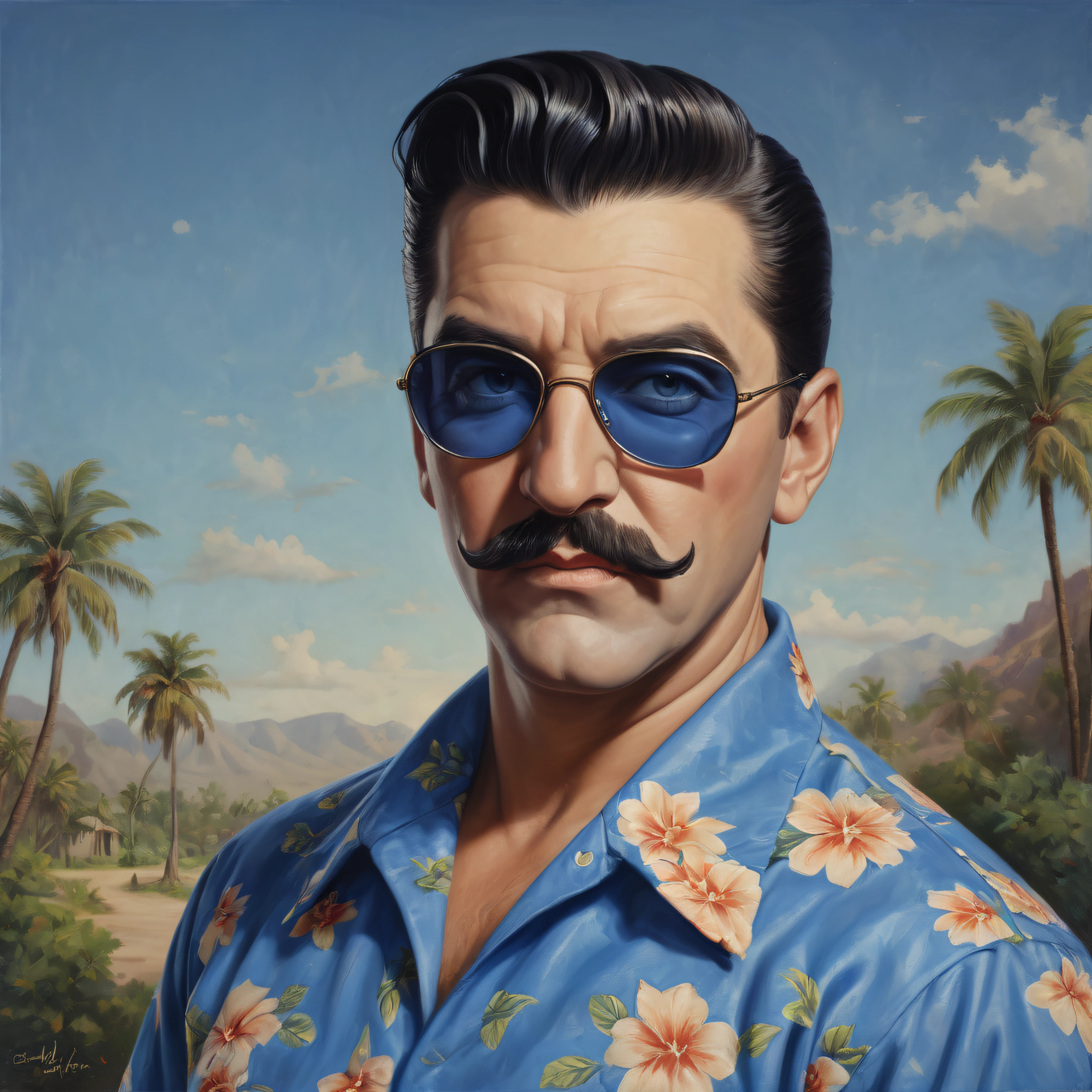 Bela Lugosi/Paul Stanly/George Reeves/Elvis Presley hybrid, 180 pound man with a mustache, wearing a Blue Hawaiian shirt, a baseball cap, sunglasses, extremely short, buzz-cut hair and a thin, dark mustache, cobalt-blue eyes, oil painting on canvas in the art style of Aaron Blaize