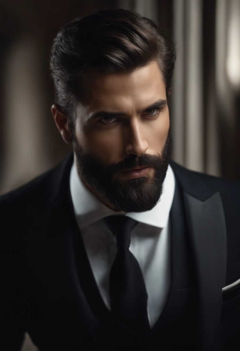 en haut、Faire un bel homme noir de 30 ans face camera, (Utilisez une barbe,) Attractive and serious look, cheveux noirs courts, Elegant and elegant, Shave Tightly Fitting in Suit and Strong Body, (highly quality, Realistic images), Dark and light black on image background, Style de film, ((premier quality, 8k, tmasterpiece), Ultra High Definition Photo, (Beautiful detailed faces, detail skin texture, Hyperdetailed body:1.1)