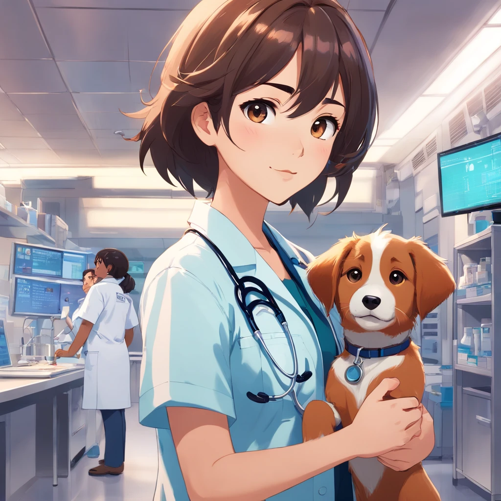 Create a pixar-style character brunette Brazilian veterinarian and a stethoscope, segurando um frasco de medicamento , com cabelos longos preto, olhos pretos,boca grande e nariz redondo com cachorro