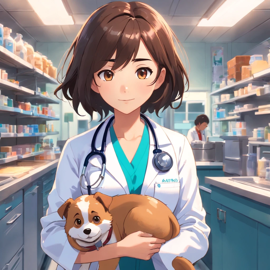 Create a pixar-style character brunette Brazilian veterinarian and a stethoscope, segurando um frasco de medicamento , com cabelos longos preto, olhos pretos,boca grande e nariz redondo com cachorro