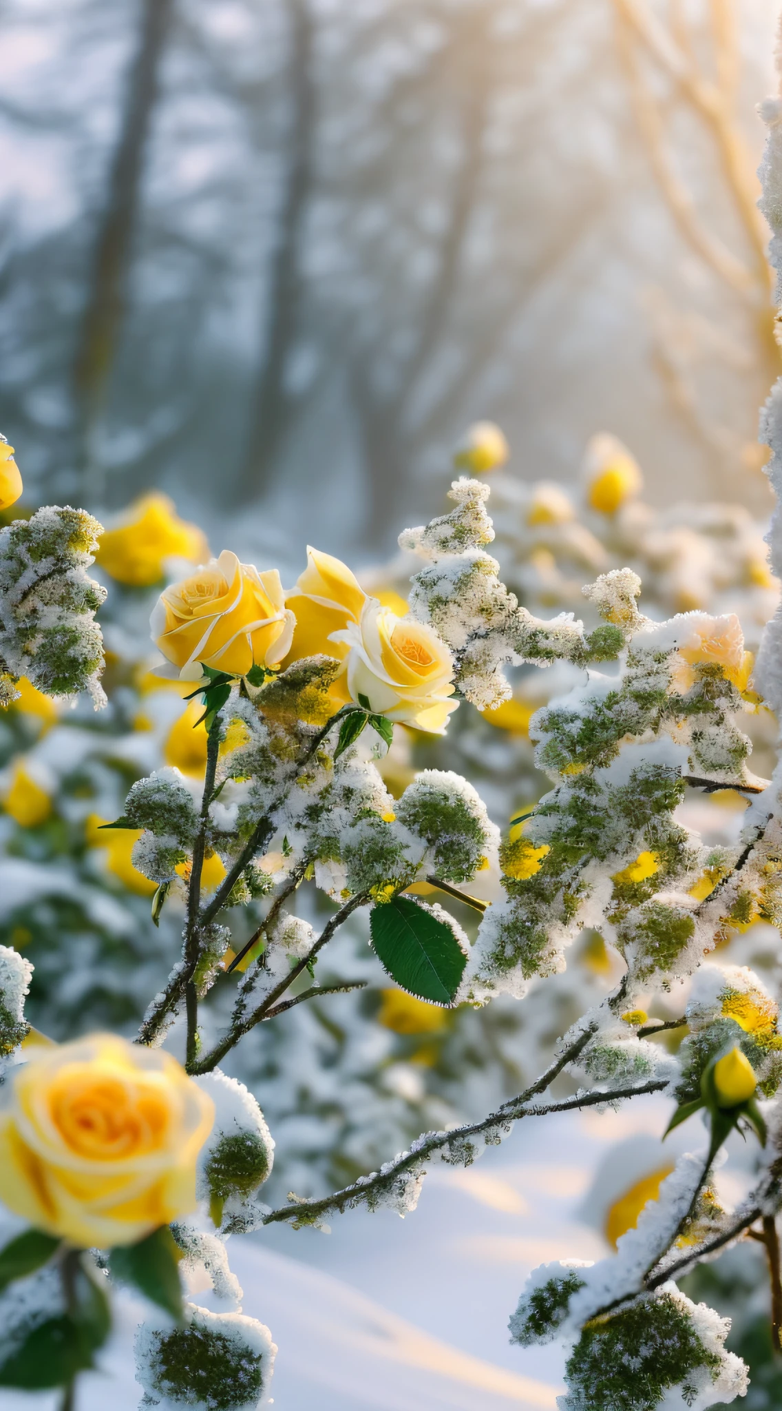 There is a cluster of yellow roses covered in snow, Covered with snow, winter setting, with frozen flowers around her, Winter in the snow, soft light of winter, Gentle snow, with soft bushes, Green leafy flowers,glowing snow, Incredibly beautiful, winter vibrancy, snow glow, roses in cinematic light, Cold but beautiful, warm beautiful scene, Beautiful wallpaper, Beautiful composition