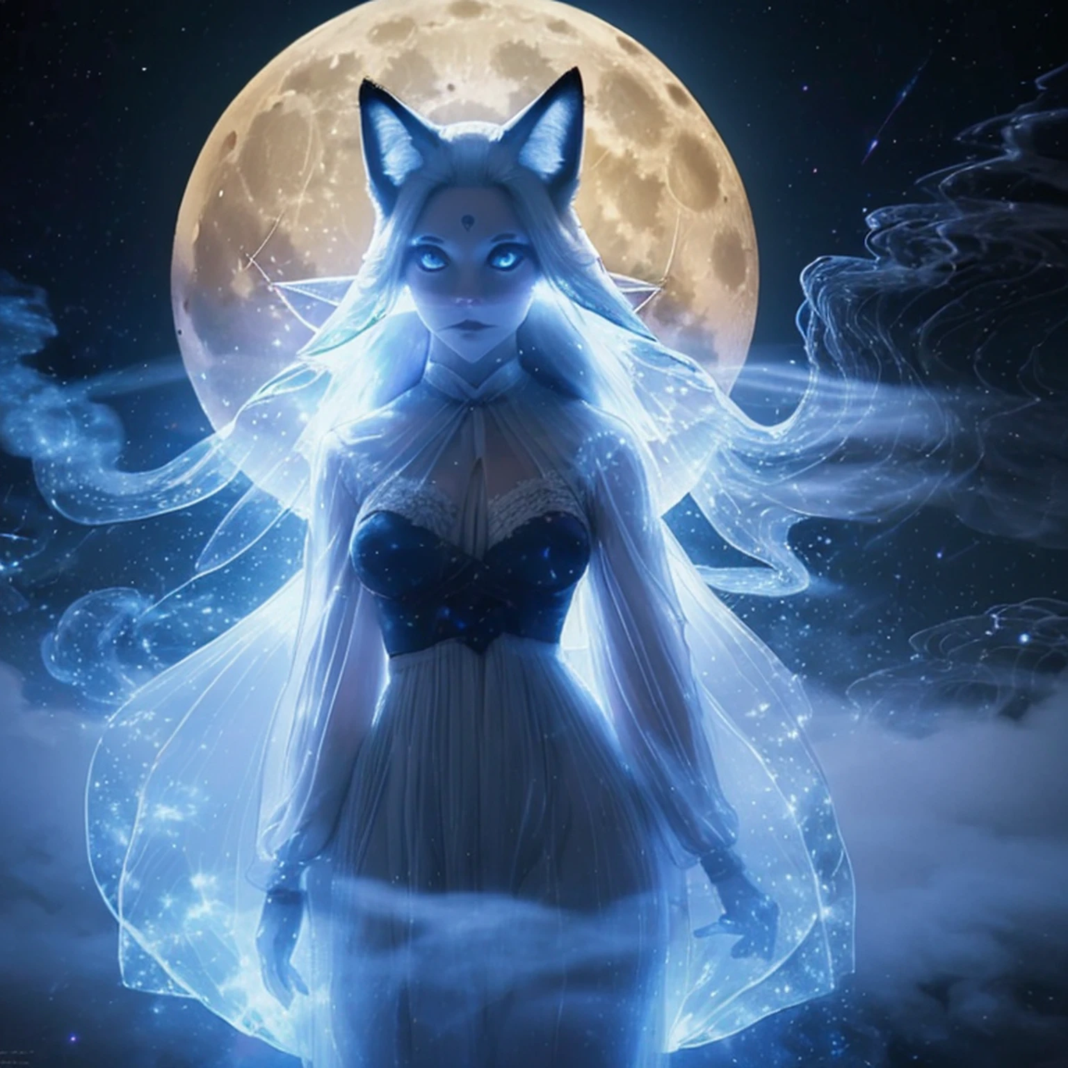 (Next to the anime girl with white-skinned fox ears before the full moon is a huge nine-tailed white fox:1.5), fantasia raposa amor, Raposa de cabelos brancos, anime raposa branca, anime fantasy illustration,(Fundo escuro da floresta，blue transparent smoke around:1.8), Arte de Silverfox,melhor qualidade, master part, ultrahigh-resolution, (fotografia realista:1.4), realismo ultrarrealista, Semelhante a um sonho,FusionArt, Shadow dancer, magia das sombras, darkeness, furtividade, passo da sombra, Umbral spells,