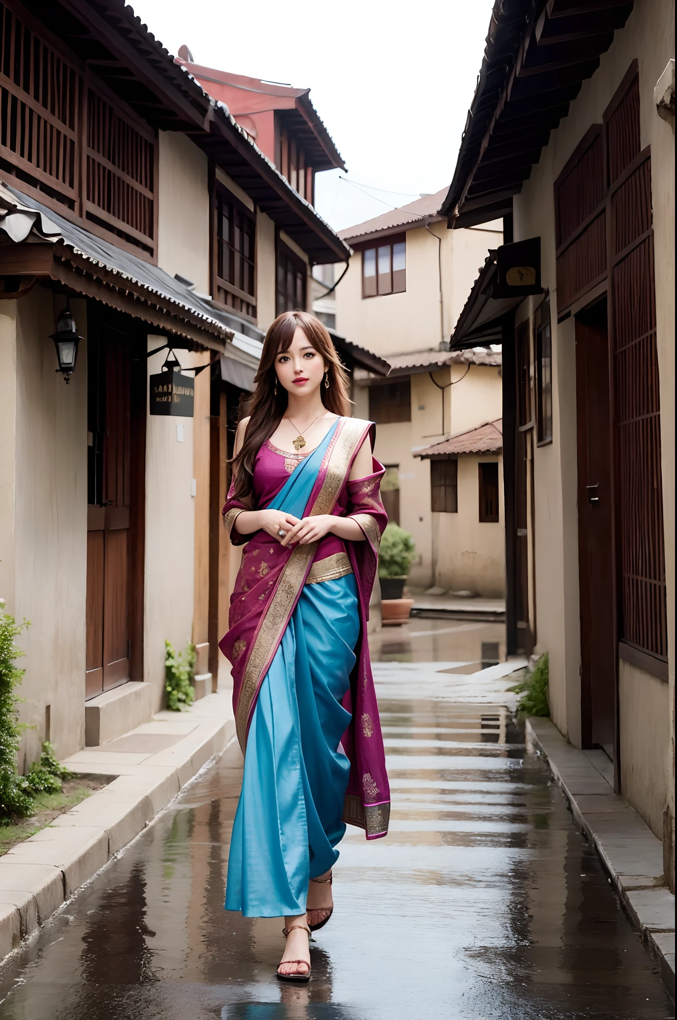 high quality, Similar to Dakota Johnson, beautiful woman in the style of Julie Bell walking through an old town wearing a sari, Nepalese cityscape, by yukisakura, awesome full color,