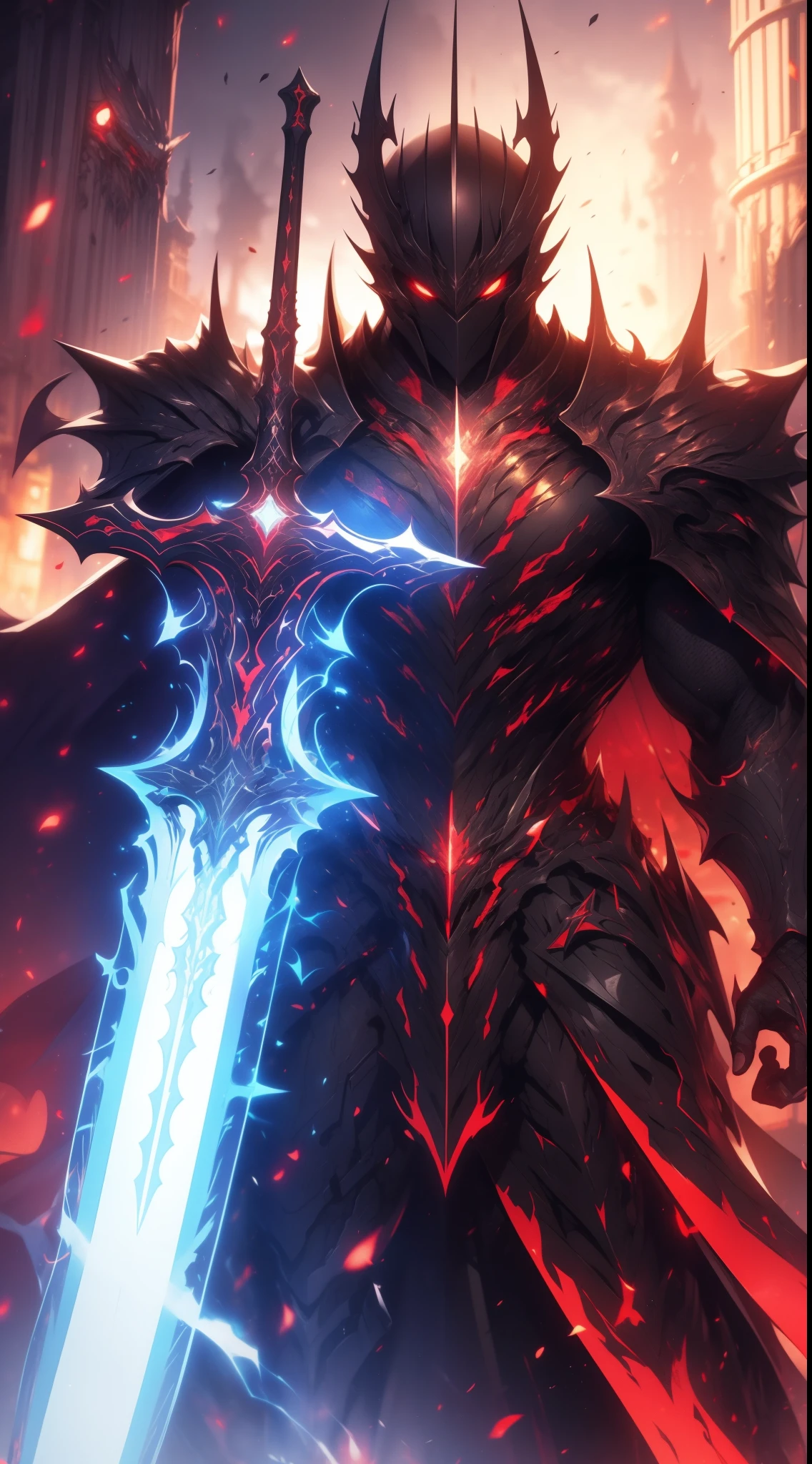 A high resolution, High quality,(Beautiful), ((Masterpiece)),Vibrant colors,1boys, mod \(rampage\), Male focus, Arms, Biceps, Strong muscles,scars in the face, Short black hair,  Bandages,The right eye is closed, A strand of white hair,Extremely angry face,(Hylock Knight,Armor, Shoulder armor, Black armor,Black cape,giant sword, Glowing red eyes), hdr (HighDynamicRange), Maximum clarity and sharpness, Multi-layered textures,ultra - detailed,