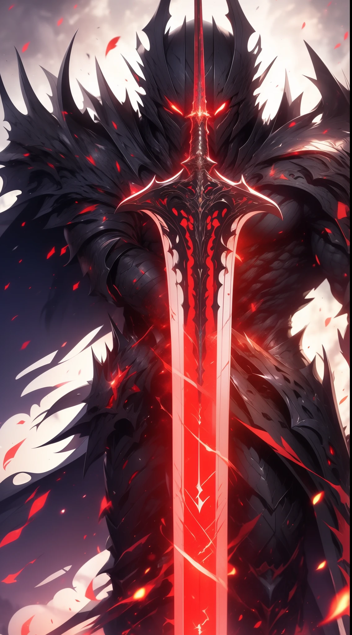 A high resolution, High quality,(Beautiful), ((Masterpiece)),Vibrant colors,1boys, mod \(rampage\), Male focus, Arms, Biceps, Strong muscles,scars in the face, Short black hair,  Bandages,The right eye is closed, A strand of white hair,Extremely angry face,(Hylock Knight,Armor, Shoulder armor, Black armor,Black cape,giant sword, Glowing red eyes), hdr (HighDynamicRange), Maximum clarity and sharpness, Multi-layered textures,ultra - detailed,