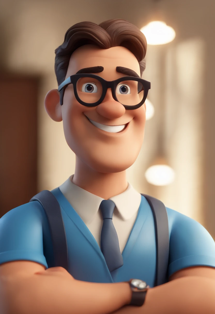 Cartoon character of a man wearing black glasses and a blue shirt, um personagem animado, Caractere estilizado, animation style rendering, 3D estilizado, Arnold Maya render, 3 d render stylized, toon render keyshot, Personagem 3D, Personagem 3D, 3d rendering stylized, 3 d character render, personagem de desenho animado, Personagem de close up, Pose de personagem, (Estilo Pixar) (master part:1.2) (Bokeh) (best quality) (pele detalhada) (textura detalhada) (8k) (argila) (Cinematic lighting) (foco nítido,Senta e vaza a parte superior do corpo