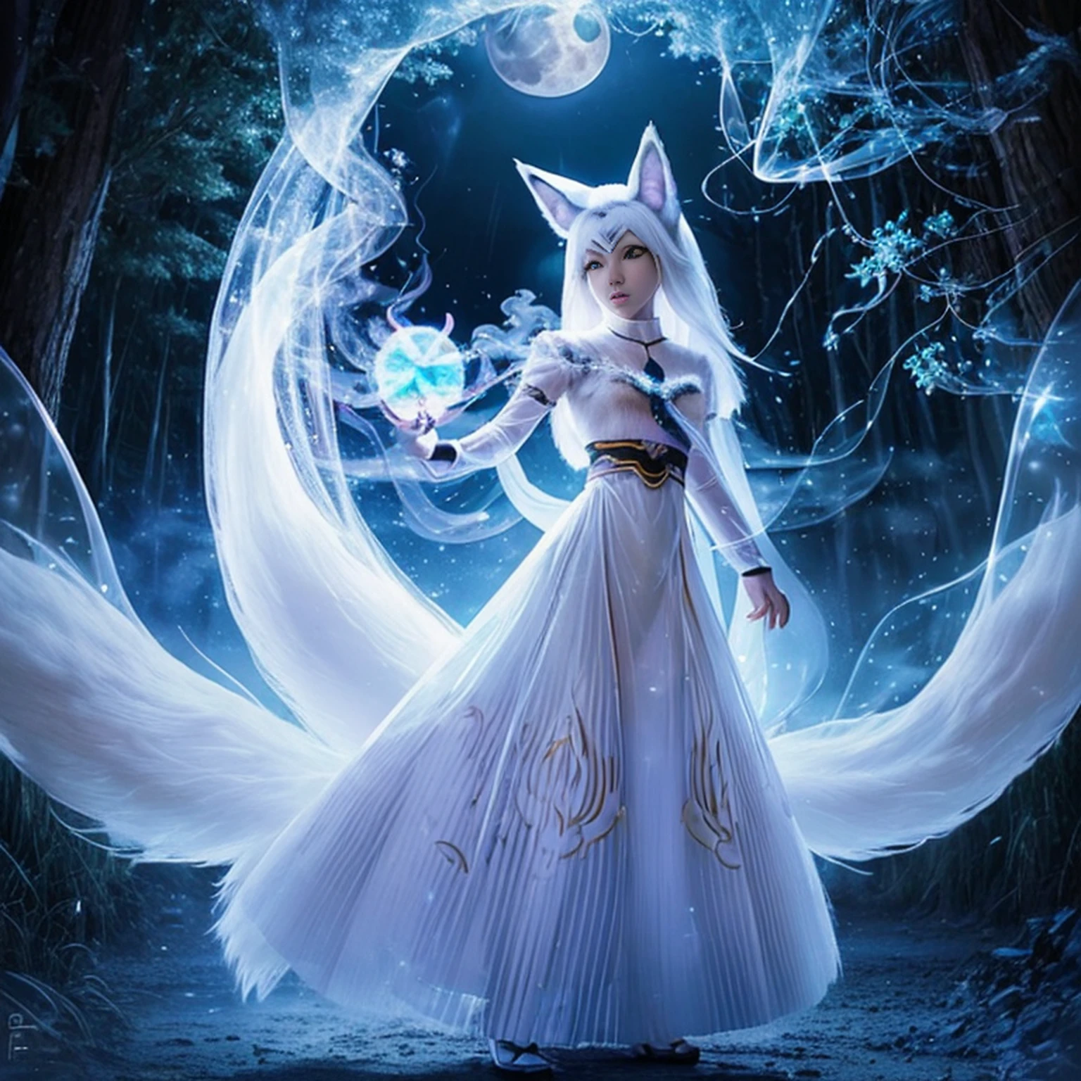 (Next to the anime girl with white-skinned fox ears before the full moon is a huge nine-tailed white fox:1.5), fantasia raposa amor, Raposa de cabelos brancos, anime raposa branca, anime fantasy illustration,(Fundo escuro da floresta，blue transparent smoke around:1.8), Arte de Silverfox,melhor qualidade, master part, ultrahigh-resolution, (fotografia realista:1.4), realismo ultrarrealista, Semelhante a um sonho,FusionArt, Shadow dancer, magia das sombras, darkeness, furtividade, passo da sombra, Umbral spells,