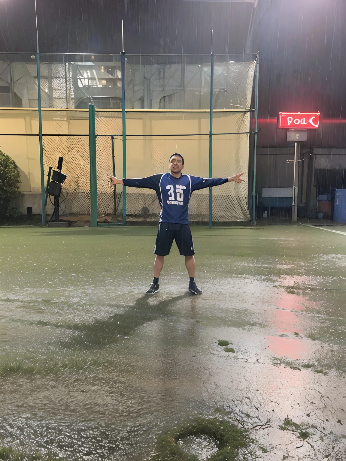 There's a man standing on a football field in the rain, Standing in the rain, Chovendo!!!, Chovendo!, Chovendo!!, em campo, em um campo de futebol, In the rain, it's raining, em um ambiente chuvoso, rain is falling, em um campo de futebol, it's raining, chuvas intensas, chovendo tarde da noite, at evening during rain
