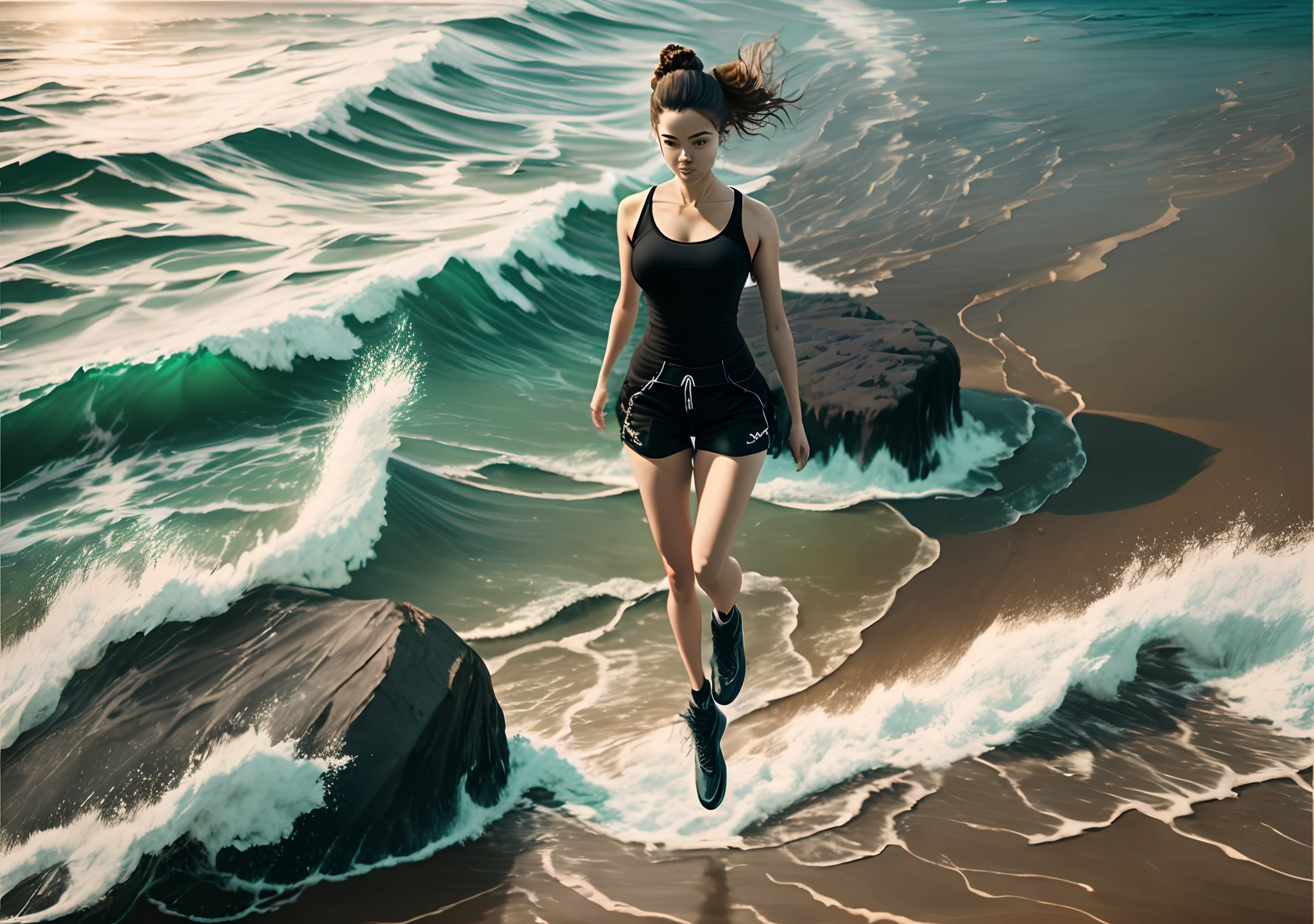Create a cinematic portrait of a woman standing on a rocky cliff overlooking a body of water. She has her arms spread wide, and her body is turned towards the water, giving the impression that she is about to jump into the sea. She is wearing a black tank top and black shorts, with her hair styled in a messy bun. Capture the moment of anticipation and excitement as she is poised to take a leap of faith into the unknown depths of the ocean --auto --s2