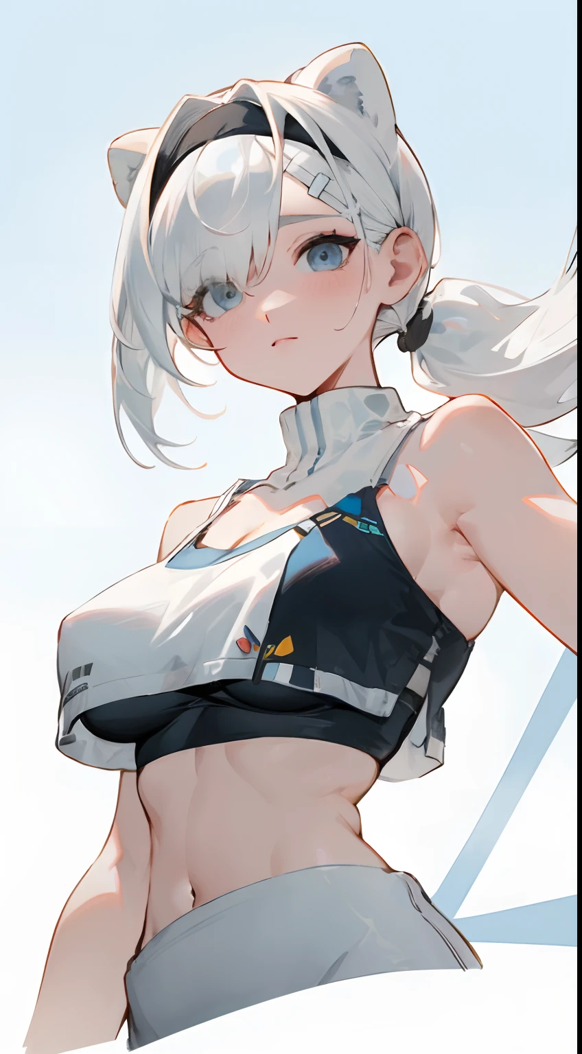 Bigboobs，cropped shoulders，White color hair，High ponytail，Stand up，sporty attire，Top-down view，camisole