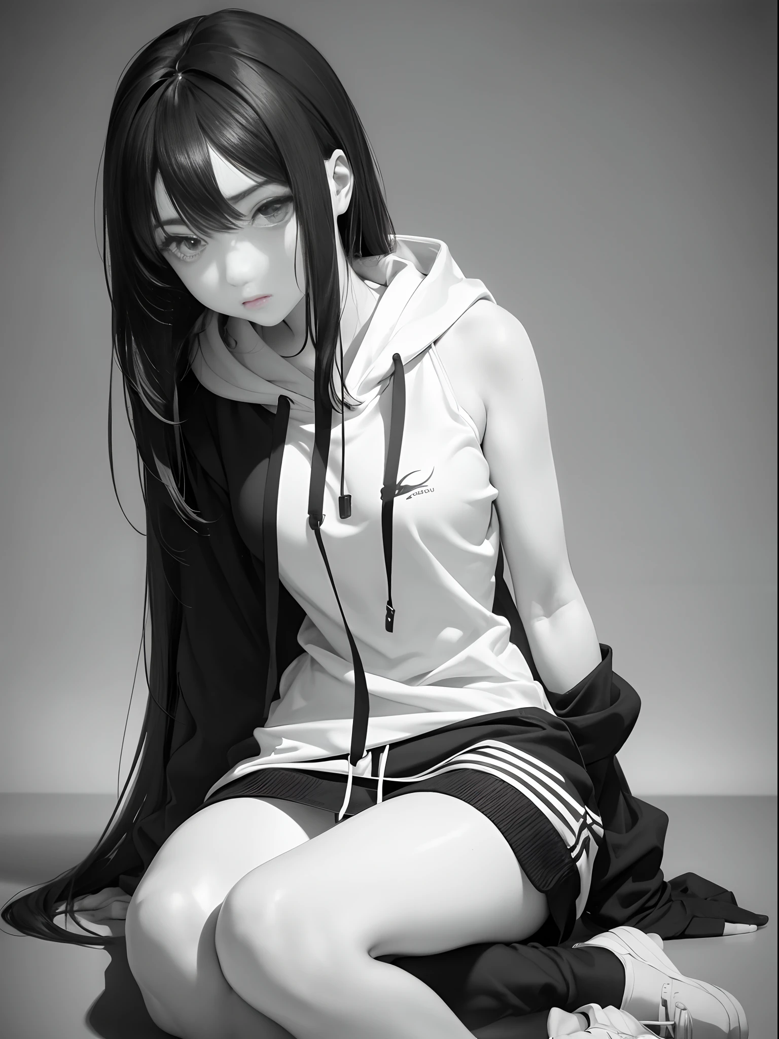 Photorealistic, high resolution, ultra high graphics, Black and white, amine girl, 1 girl, solo, long hair, perfect figure, beautiful, cute, lonely, captivate eyes, beautiful two legs, beautiful tow hands, is sitting, inner, upper body, hoodie, looking down, alone, looking down, down