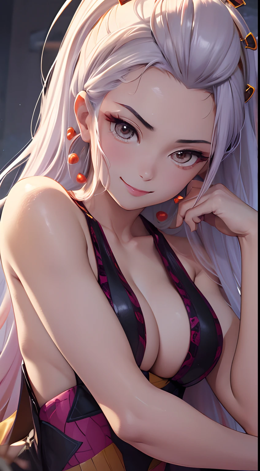 Daki, sexy pose, ( upper body closeup shot ), seductive pose, smiling, cute, very cute, ultra high definition, masterpiece, ultra high quality, ultra detailing, 8k, wallpaper, anime art, 8k hd wallpaper art