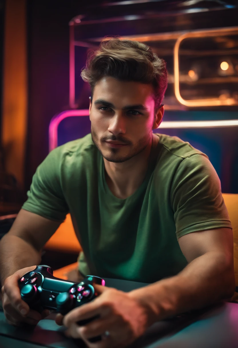 A man with a sympathetic face playing video games, immersed in the game, with an expression of happiness and concentration.