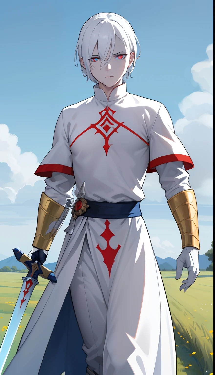 (best quality, masterpiece:1.2),detailed description of an adventurous male figure named Valak walking in the field, white hair, one red eye and one blue eye, golden sword.