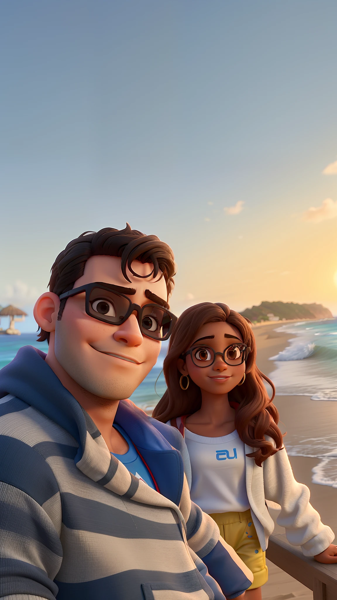 Um casal no entardecer da praia, Man Wearing Dark Lens Glasses, mulher de pele morena clara vestindo sweatshirt de cor cremeestilo Disney pixar, alta qualidade, melhor qualidade