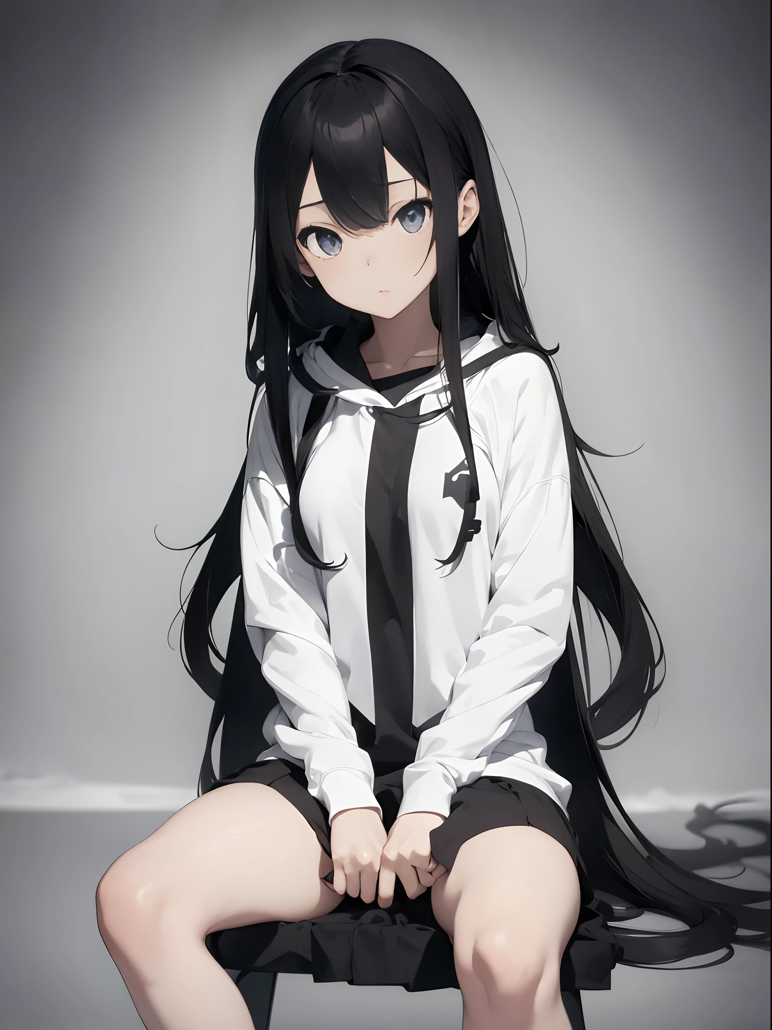 Photorealistic, high resolution, ultra high graphics, Black and white, amine girl, 1 girl, solo, long hair, perfect figure, beautiful, cute, lonely, captivate eyes, beautiful two legs, beautiful tow hands, is sitting, inner, upper body, hoodie, looking down, alone, looking down, down