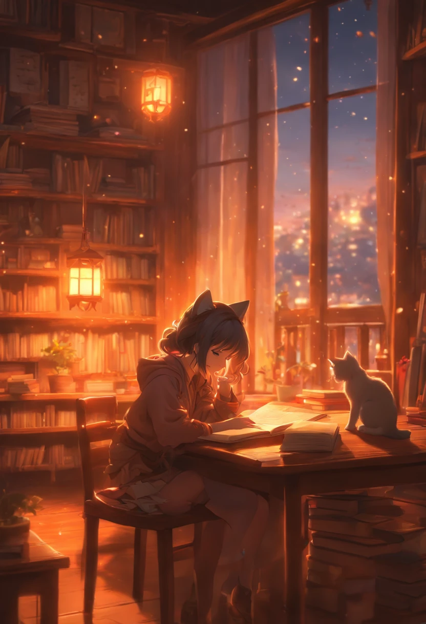 a girl studying at dusk, wooden floor with kitten on the table, eerie atmosphere, book movement, light "snow outside the window" falling, cinematic lighting, mystical, atmospheric, 3D rendering, high details, trends on ArtStation , 4K resolution, ultra-defined detailed pixel, breasts resting on table, gigantic sagging breasts