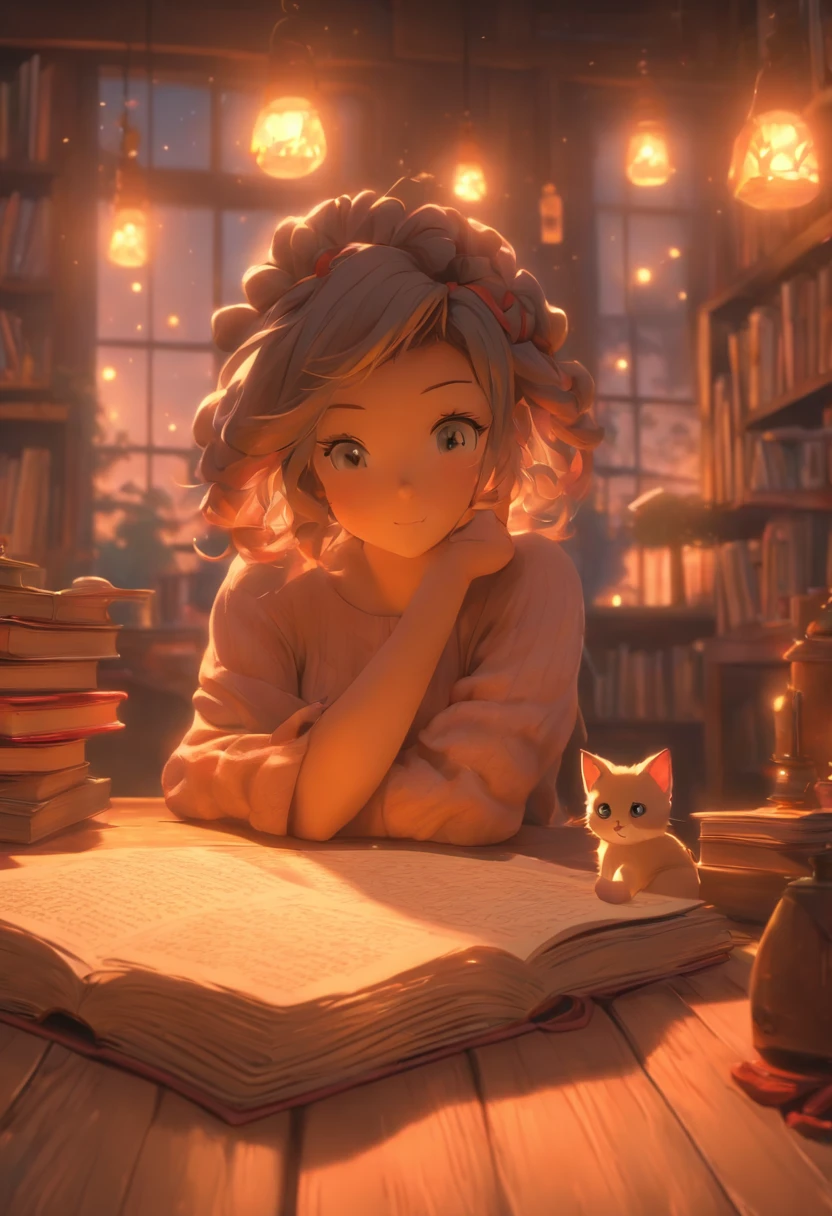 a girl studying at dusk, wooden floor with kitten on the table, eerie atmosphere, book movement, light "snow outside the window" falling, cinematic lighting, mystical, atmospheric, 3D rendering, high details, trends on ArtStation , 4K resolution, ultra-defined detailed pixel, breasts resting on table, gigantic sagging breasts