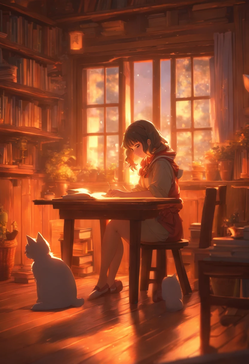 a girl studying at dusk, wooden floor with kitten on the table, eerie atmosphere, book movement, light "snow outside the window" falling, cinematic lighting, mystical, atmospheric, 3D rendering, high details, trends on ArtStation , 4K resolution, ultra-defined detailed pixel, breasts resting on table, gigantic sagging breasts