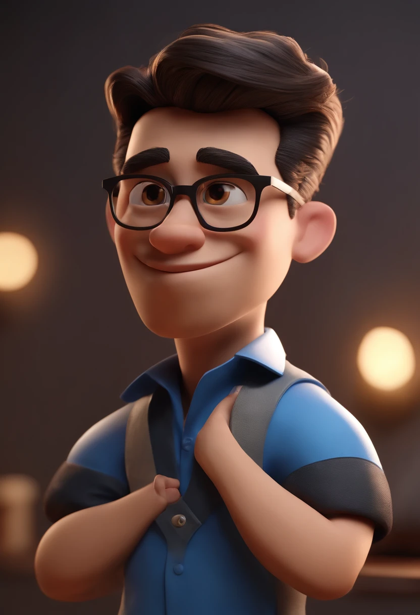 Cartoon character of a man wearing black glasses and a blue shirt, um personagem animado, Caractere estilizado, animation style rendering, 3D estilizado, Arnold Maya render, 3 d render stylized, toon render keyshot, Personagem 3D, Personagem 3D, 3d rendering stylized, 3 d character render, personagem de desenho animado, Personagem de close up, Pose de personagem, (Estilo Pixar) (master part:1.2) (Bokeh) (best quality) (pele detalhada) (textura detalhada) (8k) (argila) (Cinematic lighting) (foco nítido,Senta e vaza a parte superior do corpo