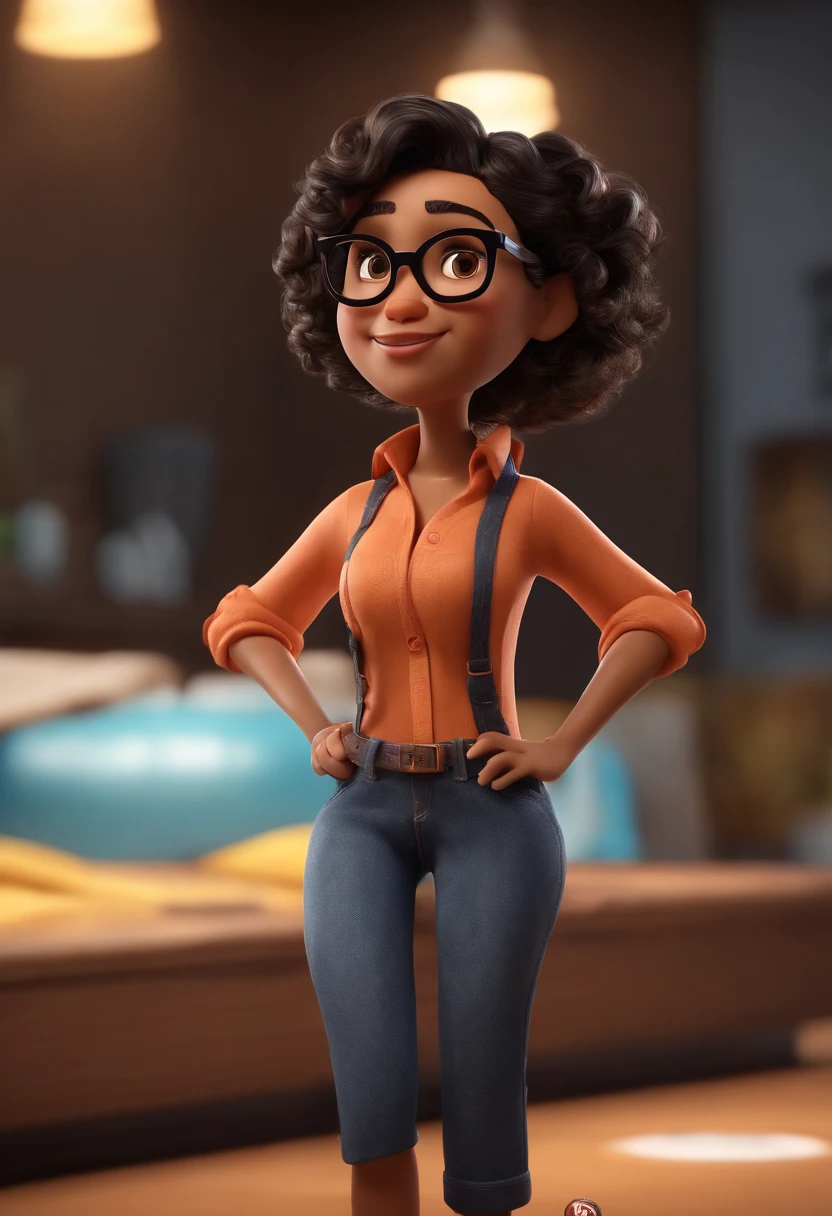Cartoon character of a young woman with black glasses, cabelo ondulado marrom escuro e uma camisa preta com a logo da mervel, animation character, Caractere estilizado, animation style rendering, 3D estilizado, Arnold Maya render, 3 d render stylized, toon render keyshot, Personagem 3D, Personagem 3D, 3d rendering stylized, 3 d character render, personagem de desenho animado, Personagem de close up, Pose de personagem, (Estilo Pixar) (master part:1.2) (Bokeh) (best quality) (pele detalhada) (textura detalhada) (8k) (argila) (Cinematic lighting) (foco nítido)