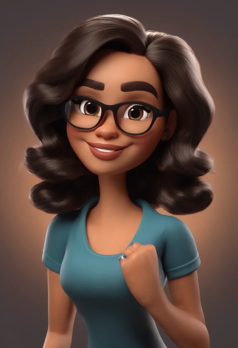 Cartoon character of a young woman with black glasses, cabelo ondulado marrom escuro e uma camisa preta com a logo da mervel, animation character, Caractere estilizado, animation style rendering, 3D estilizado, Arnold Maya render, 3 d render stylized, toon render keyshot, Personagem 3D, Personagem 3D, 3d rendering stylized, 3 d character render, personagem de desenho animado, Personagem de close up, Pose de personagem, (Estilo Pixar) (master part:1.2) (Bokeh) (best quality) (pele detalhada) (textura detalhada) (8k) (argila) (Cinematic lighting) (foco nítido)