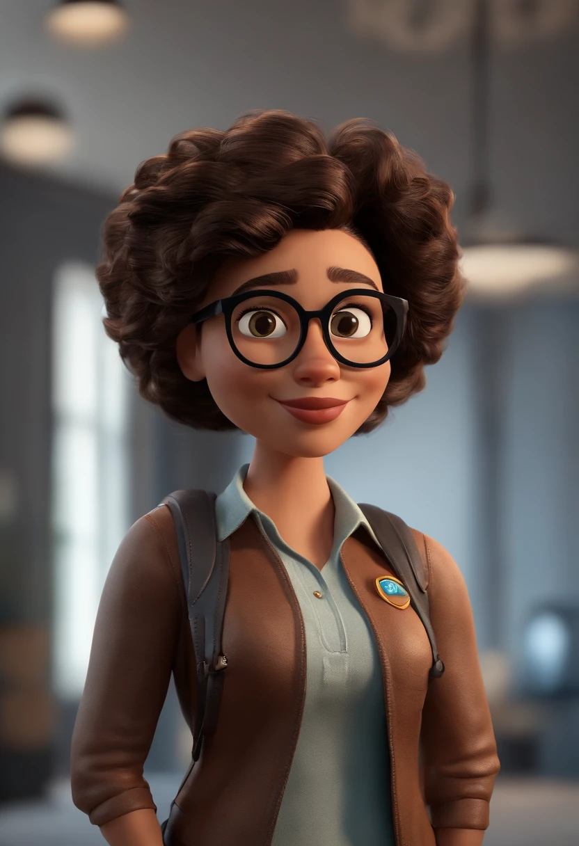 Cartoon character of a young woman with black glasses, cabelo ondulado marrom escuro e uma camisa preta com a logo da mervel, animation character, Caractere estilizado, animation style rendering, 3D estilizado, Arnold Maya render, 3 d render stylized, toon render keyshot, Personagem 3D, Personagem 3D, 3d rendering stylized, 3 d character render, personagem de desenho animado, Personagem de close up, Pose de personagem,  (Estilo Pixar) (master part:1.2) (Bokeh) (best quality) (pele detalhada) (textura detalhada) (8k) (argila) (Cinematic lighting) (foco nítido)