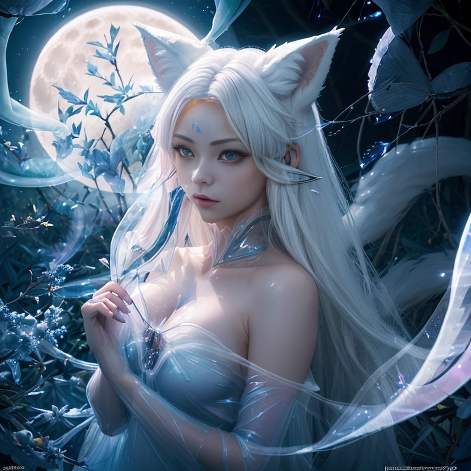 (Next to the anime girl with white-skinned fox ears before the full moon is a huge nine-tailed white fox:1.5), fantasia raposa amor, Raposa de cabelos brancos, anime raposa branca, anime fantasy illustration,(Fundo escuro da floresta，blue transparent smoke around:1.8), Arte de Silverfox,melhor qualidade, master part, ultrahigh-resolution, (fotografia realista:1.4), realismo ultrarrealista, Semelhante a um sonho,FusionArt, Shadow dancer, magia das sombras, darkeness, furtividade, passo da sombra, Umbral spells,