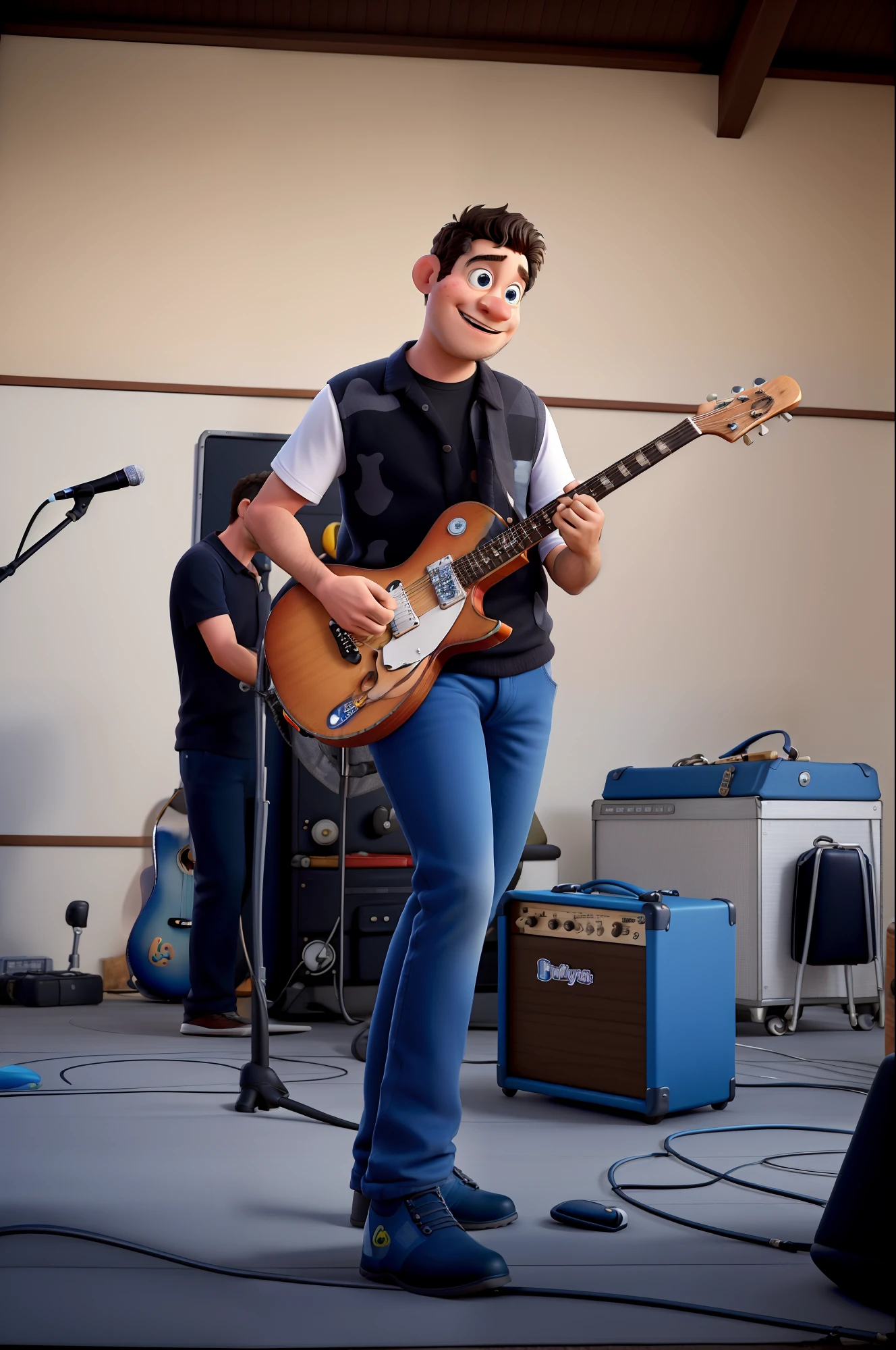 Personagem cartoon da Pixar, guitarrista loiro dos olhos azuis, tocando em um evento no momento de um solo, com equipamentos como caixa de som por perto,