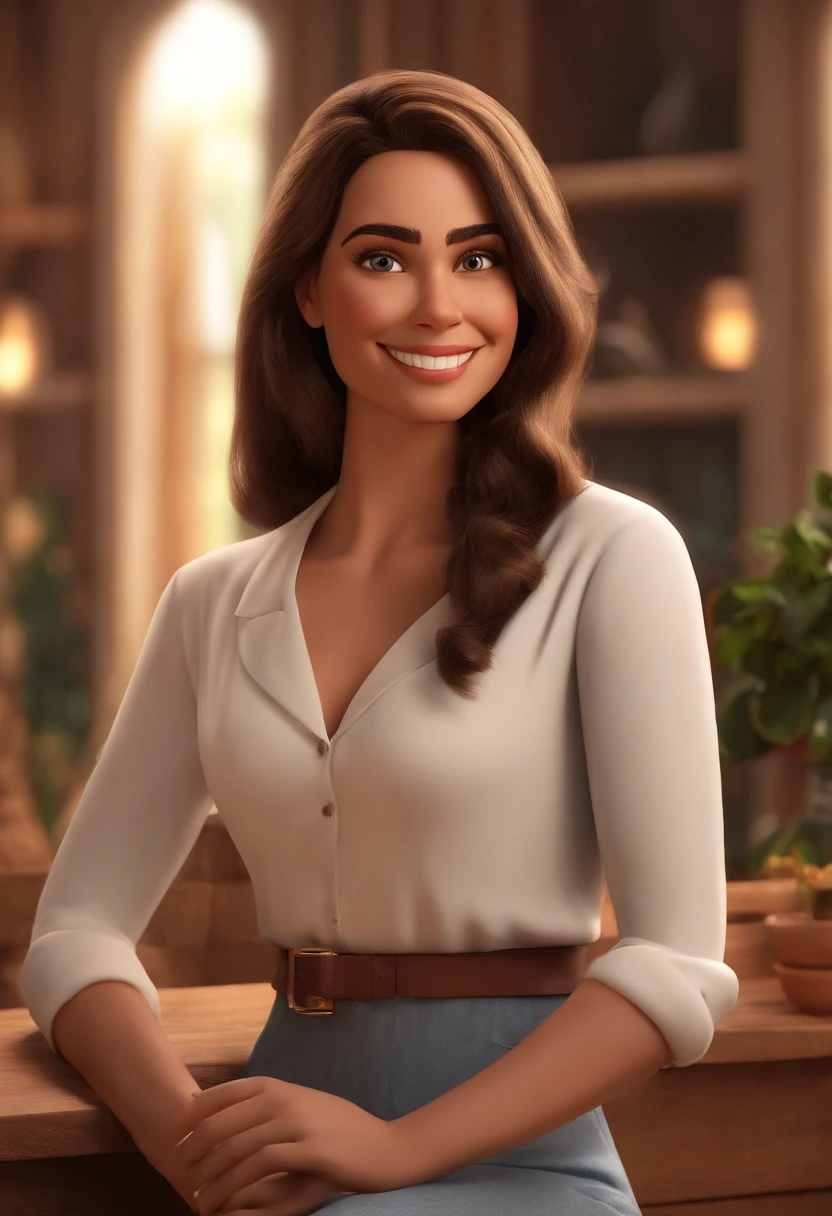 personagem dos desenhos animados de uma mulher de camisa social branca feliz em uma fazenda e com muitos gados, animation character, Caractere estilizado, animation style rendering, 3D estilizado,  imagem no estilo Disney Pixar(Estilo Pixar) (master part:1.2) (Bokeh) (best quality) (pele detalhada) (textura detalhada) (8k) (argila) (Cinematic lighting) (foco nítido