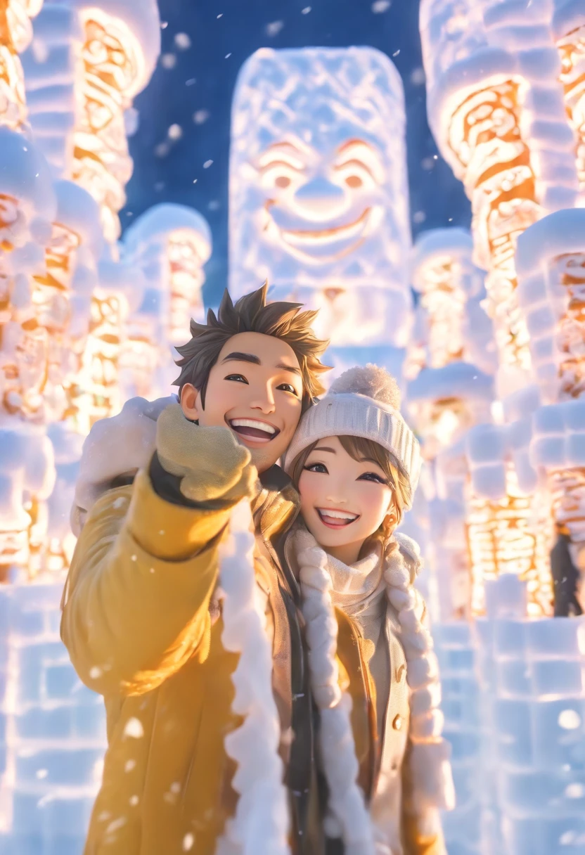 beautiful intricate detail, (couple, one man, one woman:1.4), bangs, ohime-cut, hairpin, yellow jacket, white sweater, (selfie, bright smile, looking at you, close up:1.4), detailed background, (sapporo snow festival, ice sculptures in back:1.4), [snow], ice glint, natural light