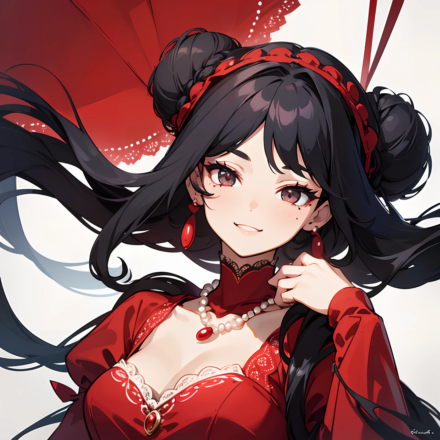 A girl with black hair gathered in a bun, two long strands in front, bangs on one side, gray eyes with long eyelashes, a mole under her right eye, a red dress in the style of the 19th century with a cutout and lace, earrings with red stones, a necklace of pearls, a sly smile