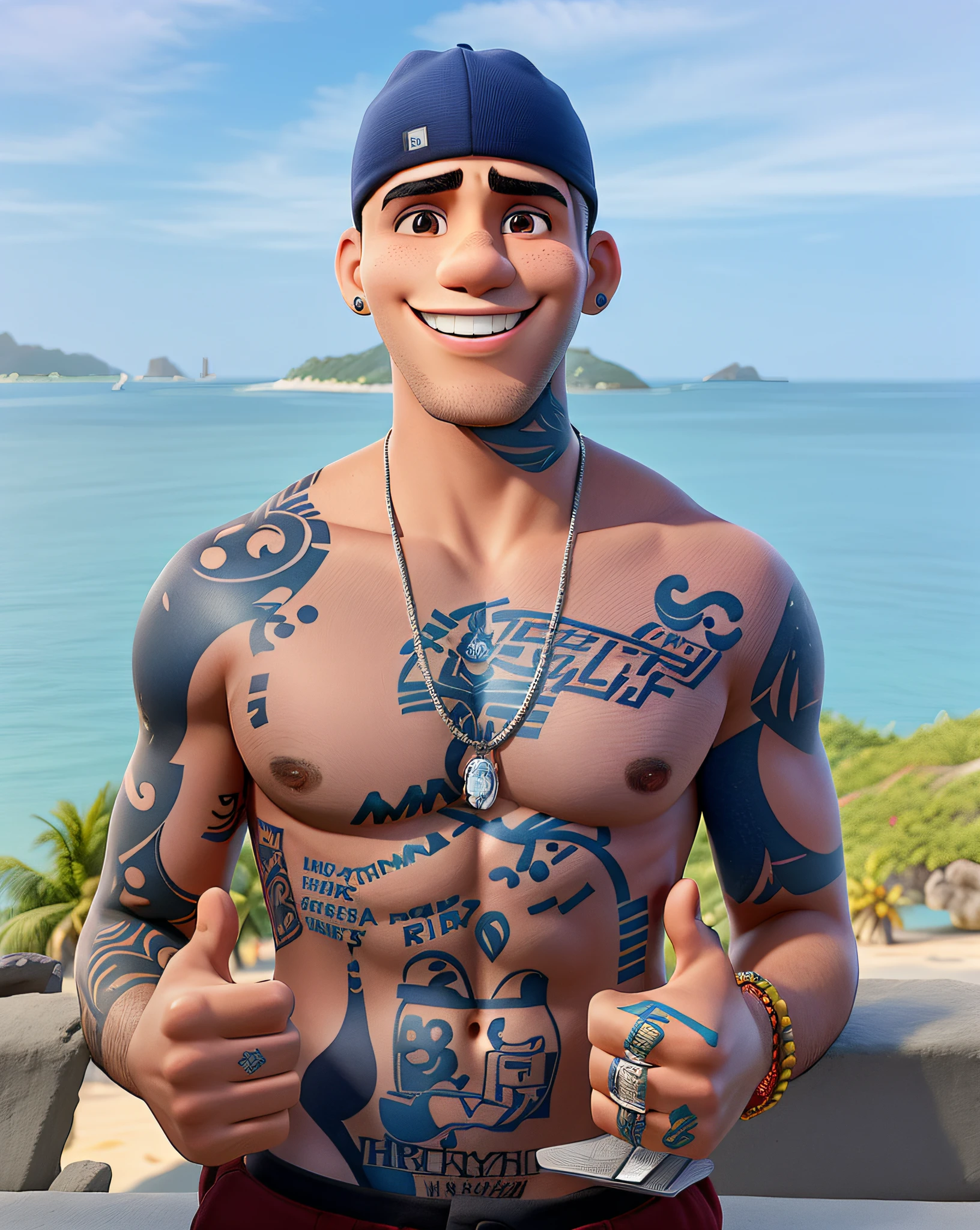 homem brasileiro fazendo pose sorridente , atraz do mar com tatuagens