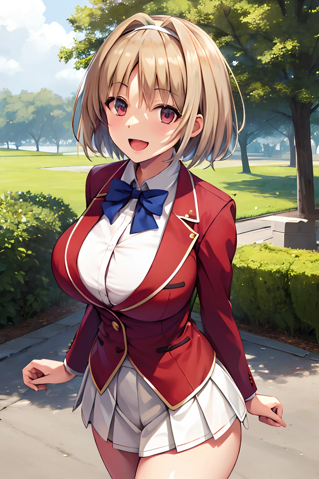 Big tits, masterpiece, best quality, highres, aakikyo, short hair, hair intakes, white hairband, blue bowtie, collared shirt, blazer, red jacket, long sleeves, white skirt, pleated skirt, black socks, cowboy shot, standing, outdoors, straight-on, arms at sides, smile, open mouth,