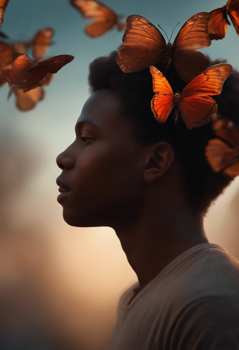 Layered transparency of a black boy's human head in with buterflys alone in brain hybrid, majo, detalhado, intrincado, Intricate octane render trend in Artstation, 8 k artistic photography, fotorrealista, Centrado, simetria, Pintado, rosas vermelhas, intrincado, Volumetric lighting, Beautiful, Rica Cores Profundas Masterpiece, foco nítido, Ultra Detalhado, Nenhum estilo de Dan Mumford e Marc Simonetti, astrofotografia